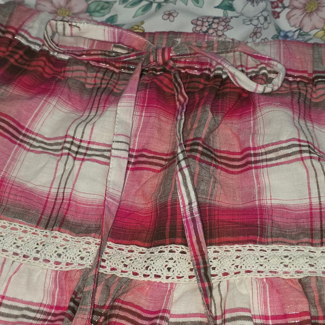 세실맥비 일본빈티지)패치워크st 체크 핑크 캉캉 레이스 밴딩 롱스커트 상품이미지3