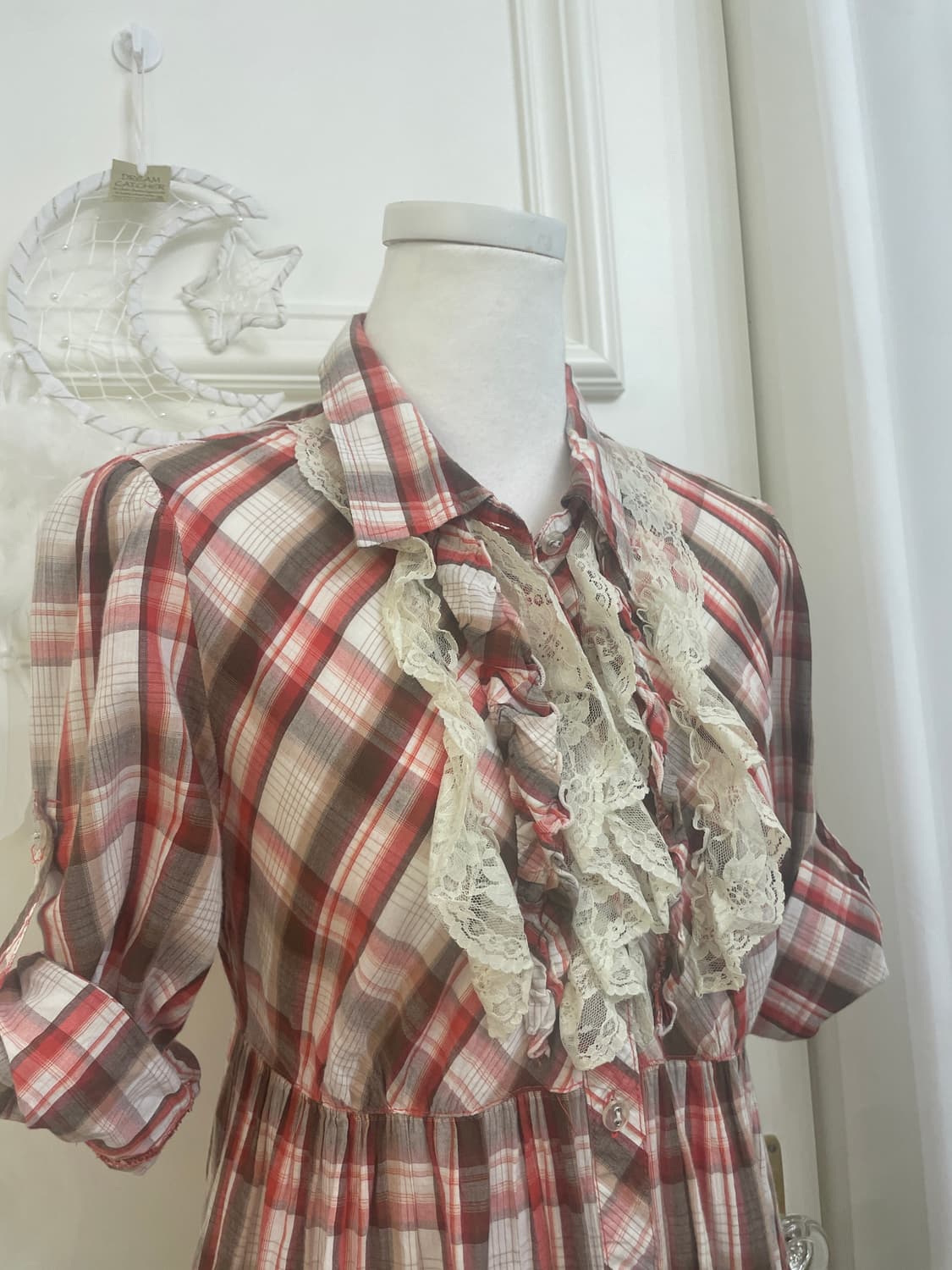 red brown check roll-up lace point midi 상품이미지7