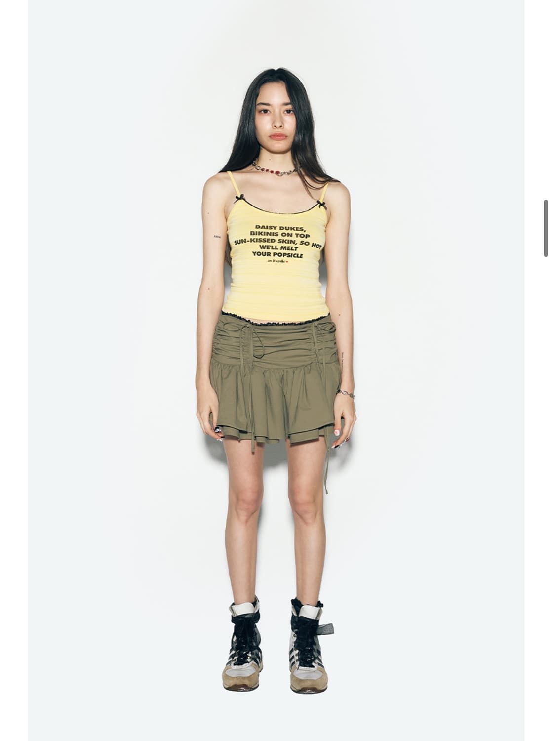 에즈이프캘리 셔링 레이스 미니 스커트 카키 상품이미지1