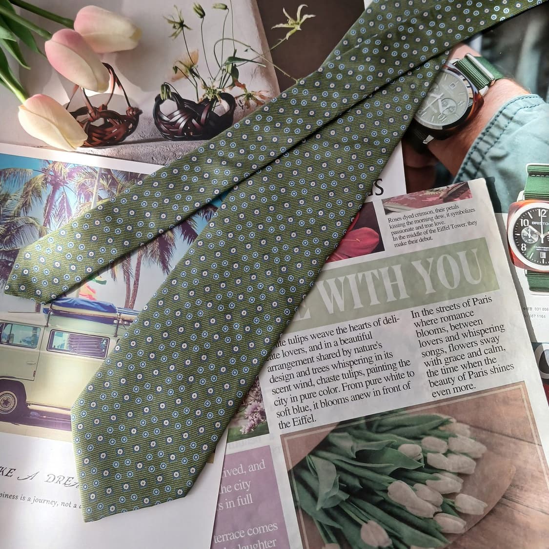 세루티 실크 그린 지오메트릭 패턴 넥타이 9.1cm A+등급 A19195 상품이미지3