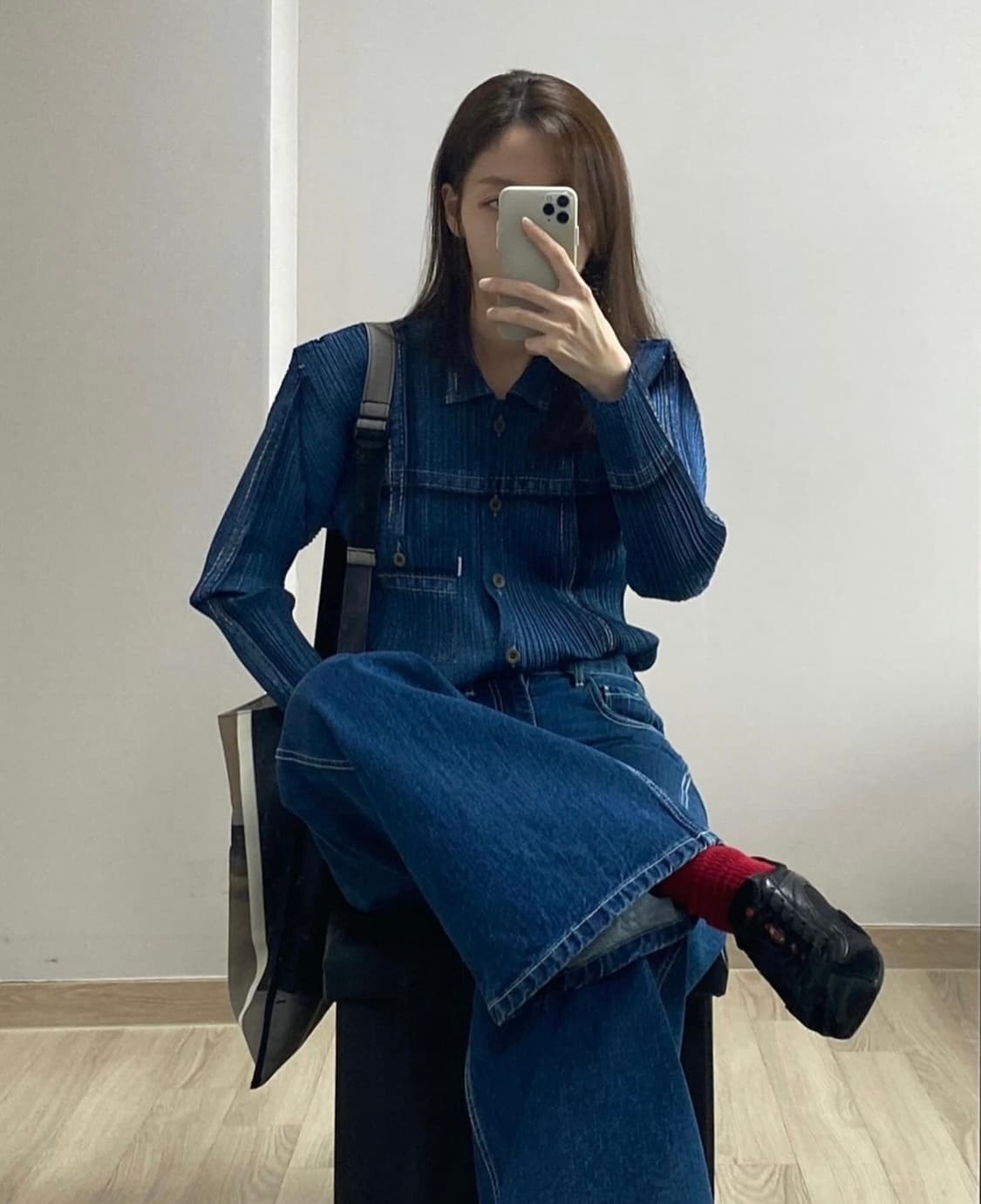 ISSEY MIYAKE 데님 프린트 플리츠 셔츠 상품이미지2