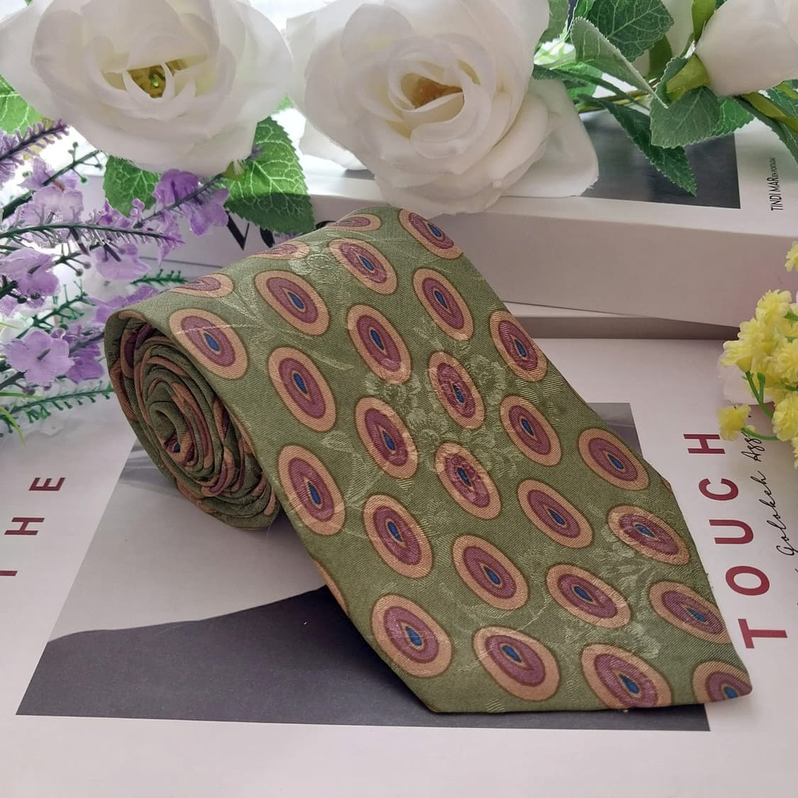 올도쿄보이 실크 그린 플라워 자카드 넥타이 8.7cm A+등급 K1314 상품이미지1