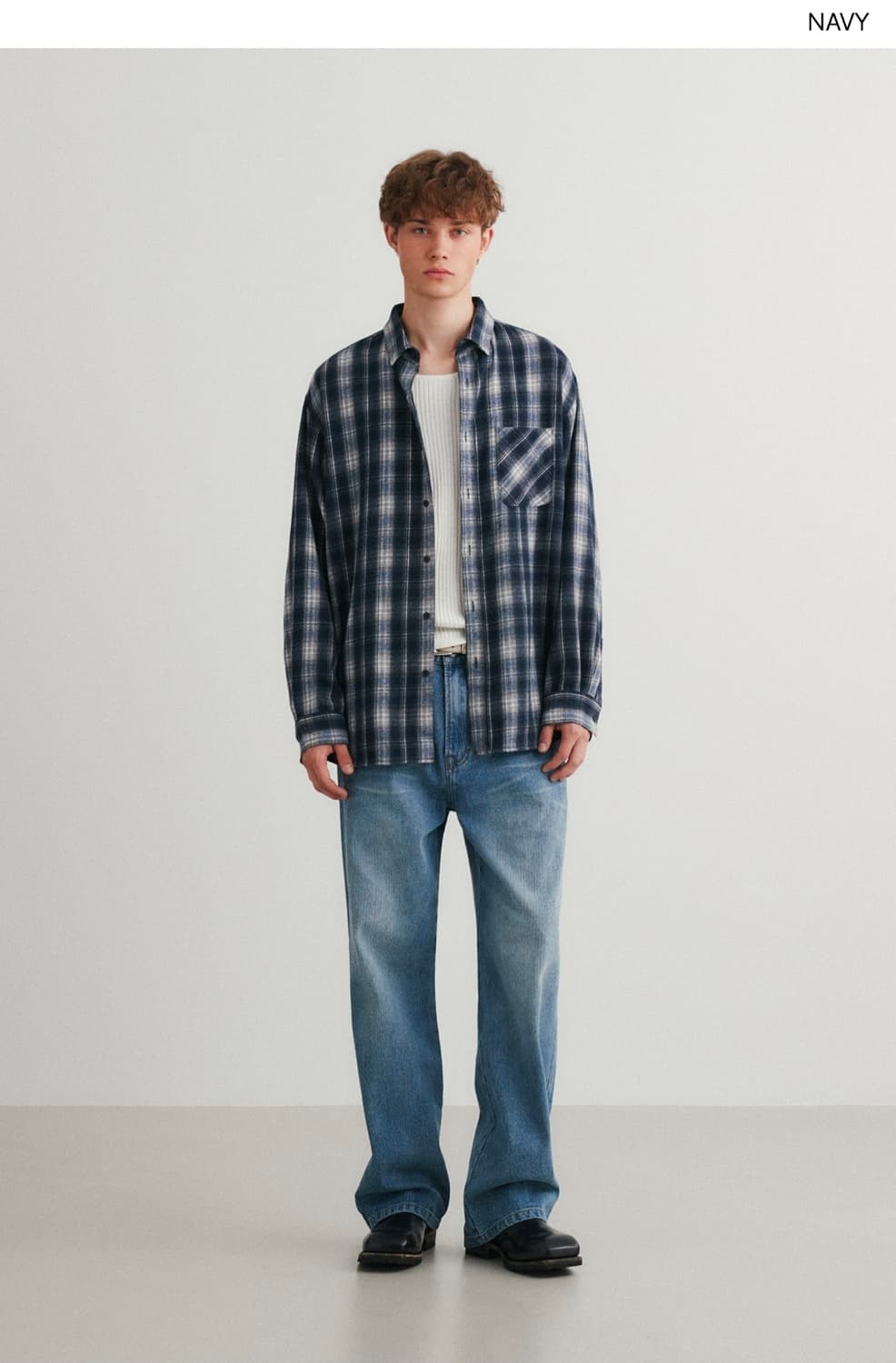 수아레 유로피안 피치 체크 셔츠 네이비 XL 상품이미지3