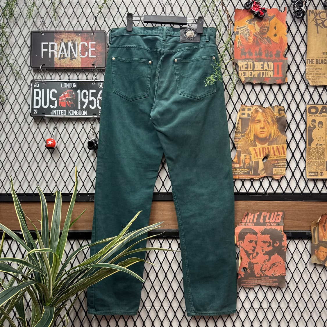 90s 베르사체 진스 꾸뛰르 코튼 팬츠 후면 로고탭 포인트 그린 상품이미지2