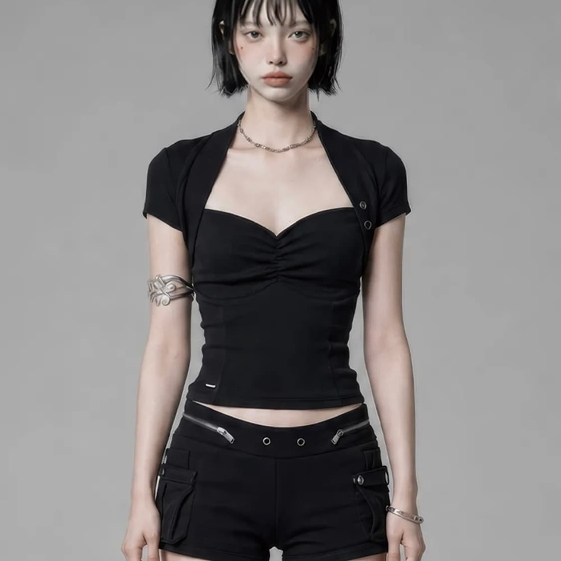 [새상품] 에트오소메 셔링 아일렛 볼레로 탑 블랙 상품이미지1