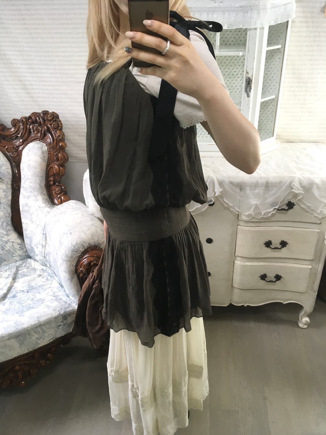 빈티지 아카이브 카키 레이스 리본 원피스 상품이미지4