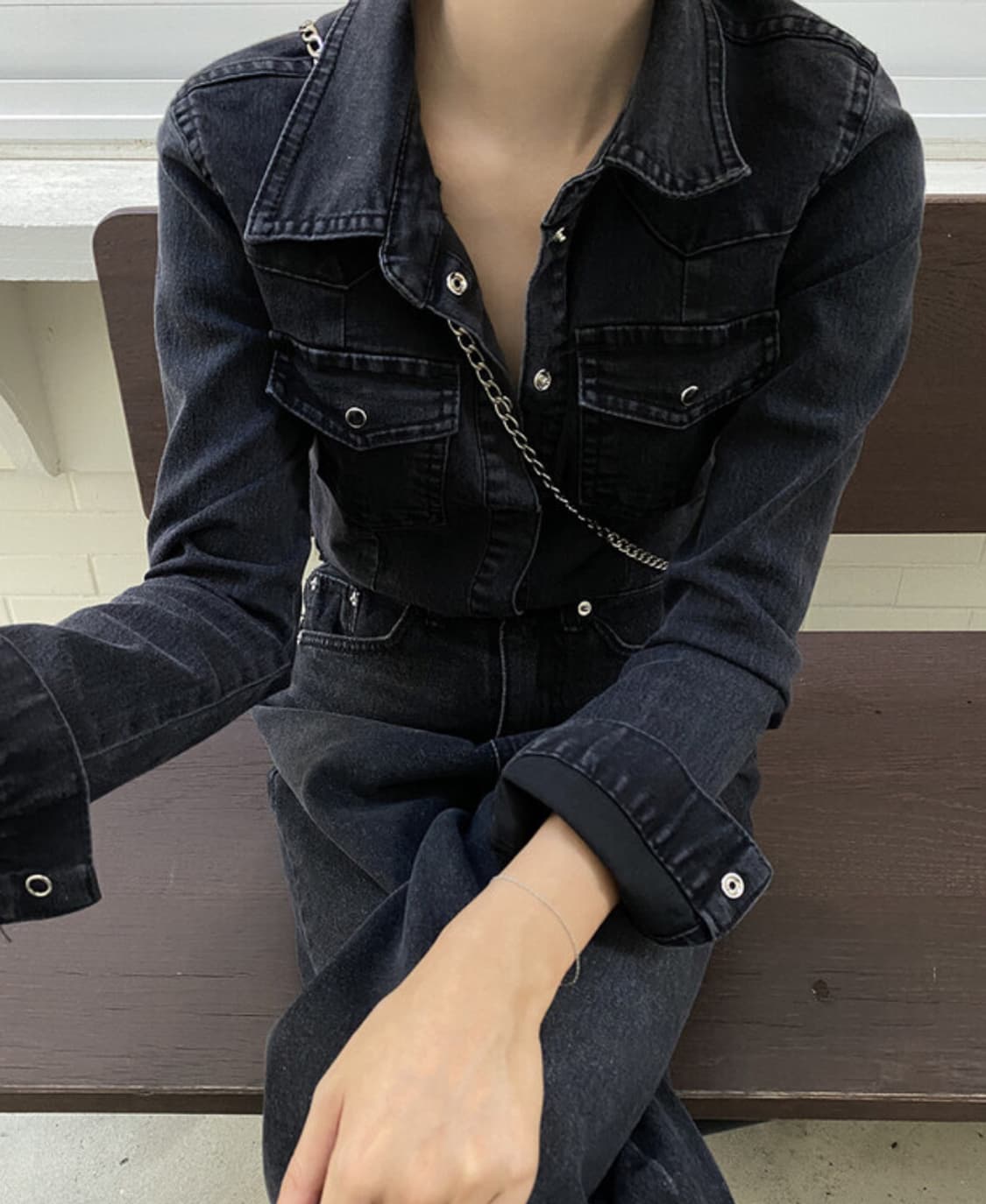 리언스 슬림 라인 데님 셔츠 흑청 m 상품이미지4