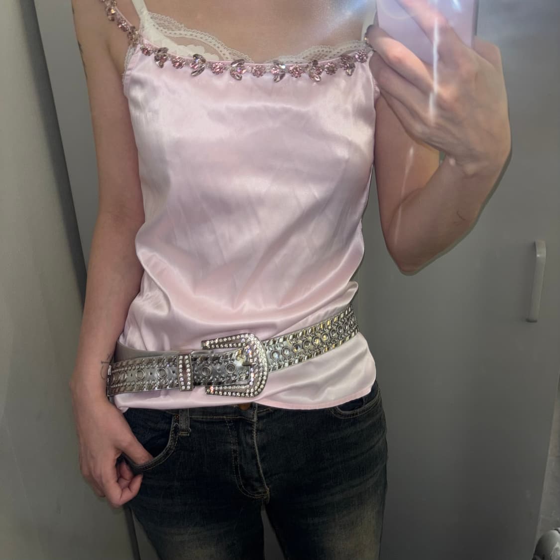 빈티지 핑크 실크 큐빅 슬리브리스  상품이미지3