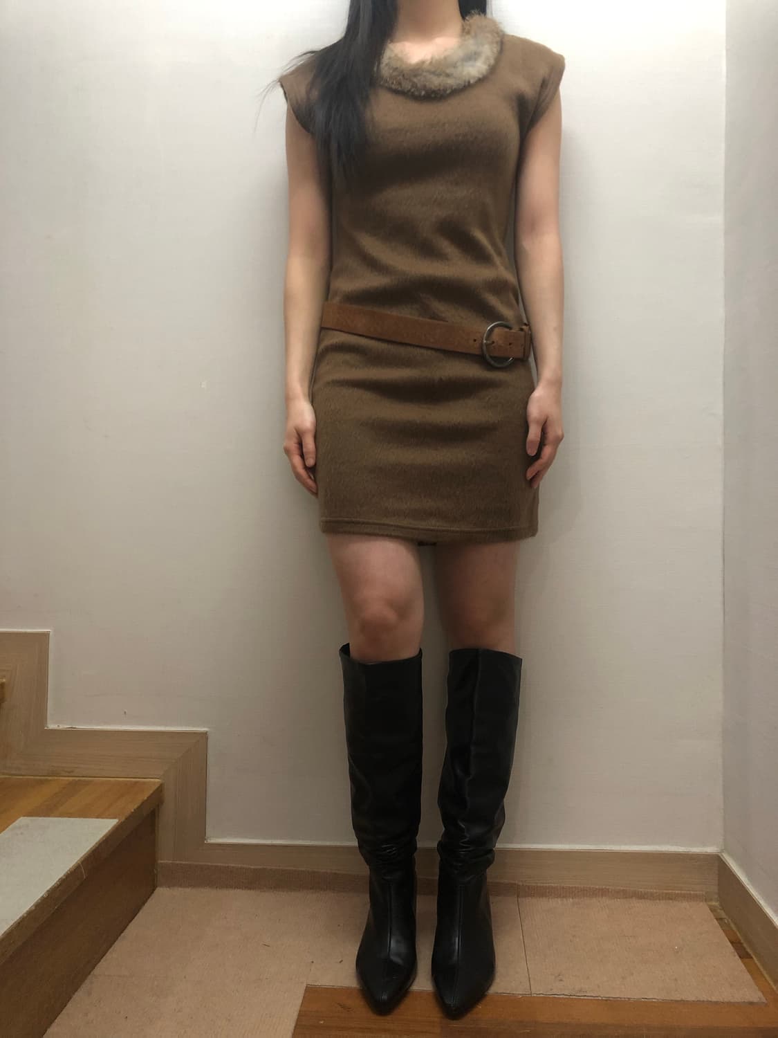 빈티지 브라운 퍼 디테일 원피스 상품이미지6