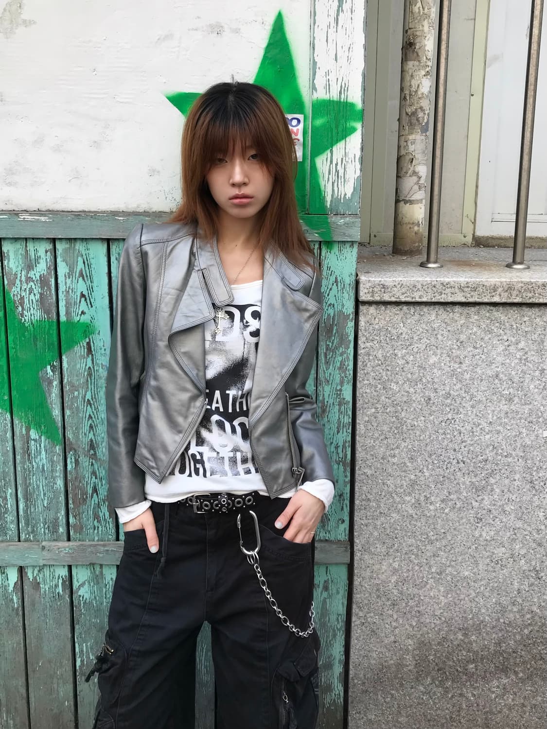 빈티지 펑크 락스타 실버 가죽자켓 코디 세트 상품이미지1