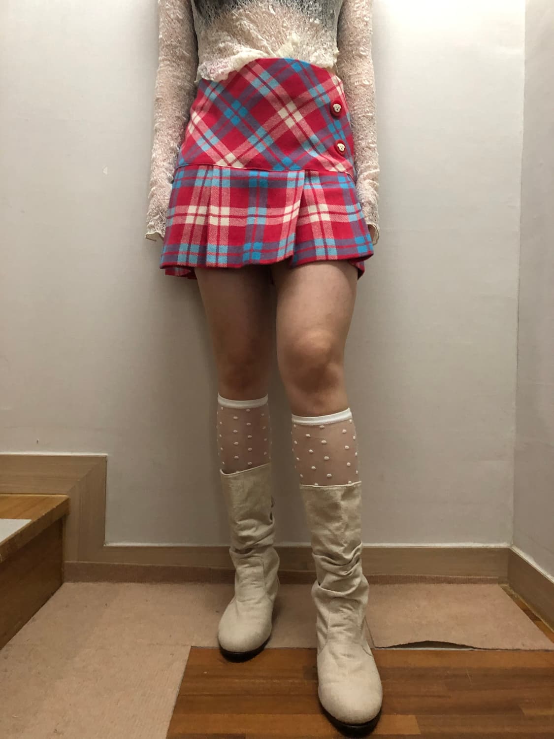 빈티지 핑크 블루 체크 미니 플리츠 스커트 상품이미지4