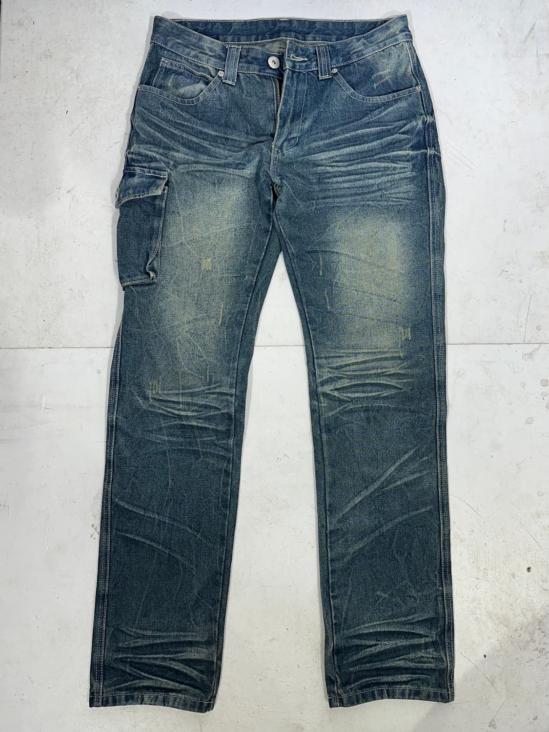 일본 빈티지 진청 워싱 새깅 와이드 데님 팬츠 L 상품이미지4