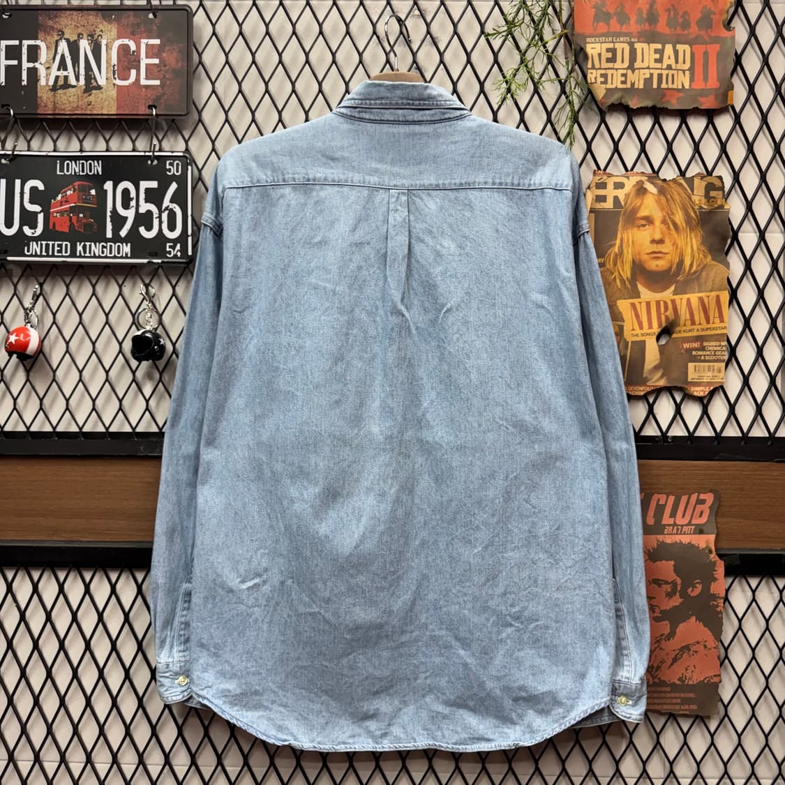 90s 하드락 카페 데님 셔츠 전면 원포켓 로고 포인트 연청 상품이미지2