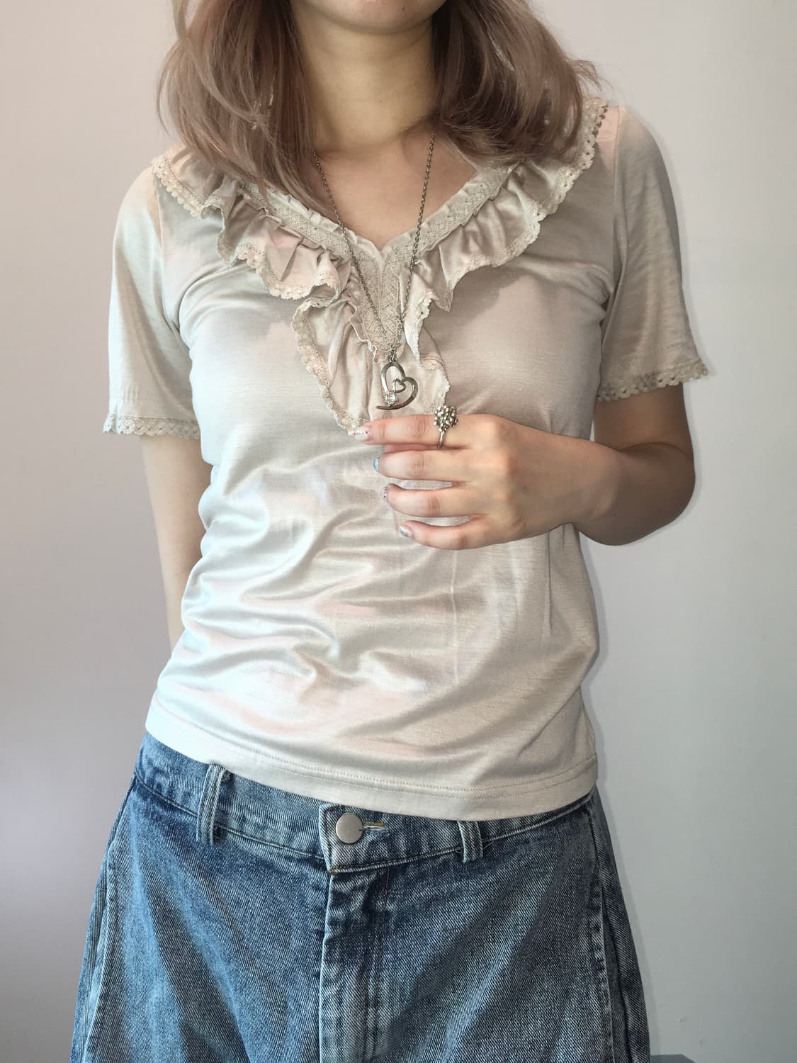 jpn vintage beige ruffle crochet half t  상품이미지1