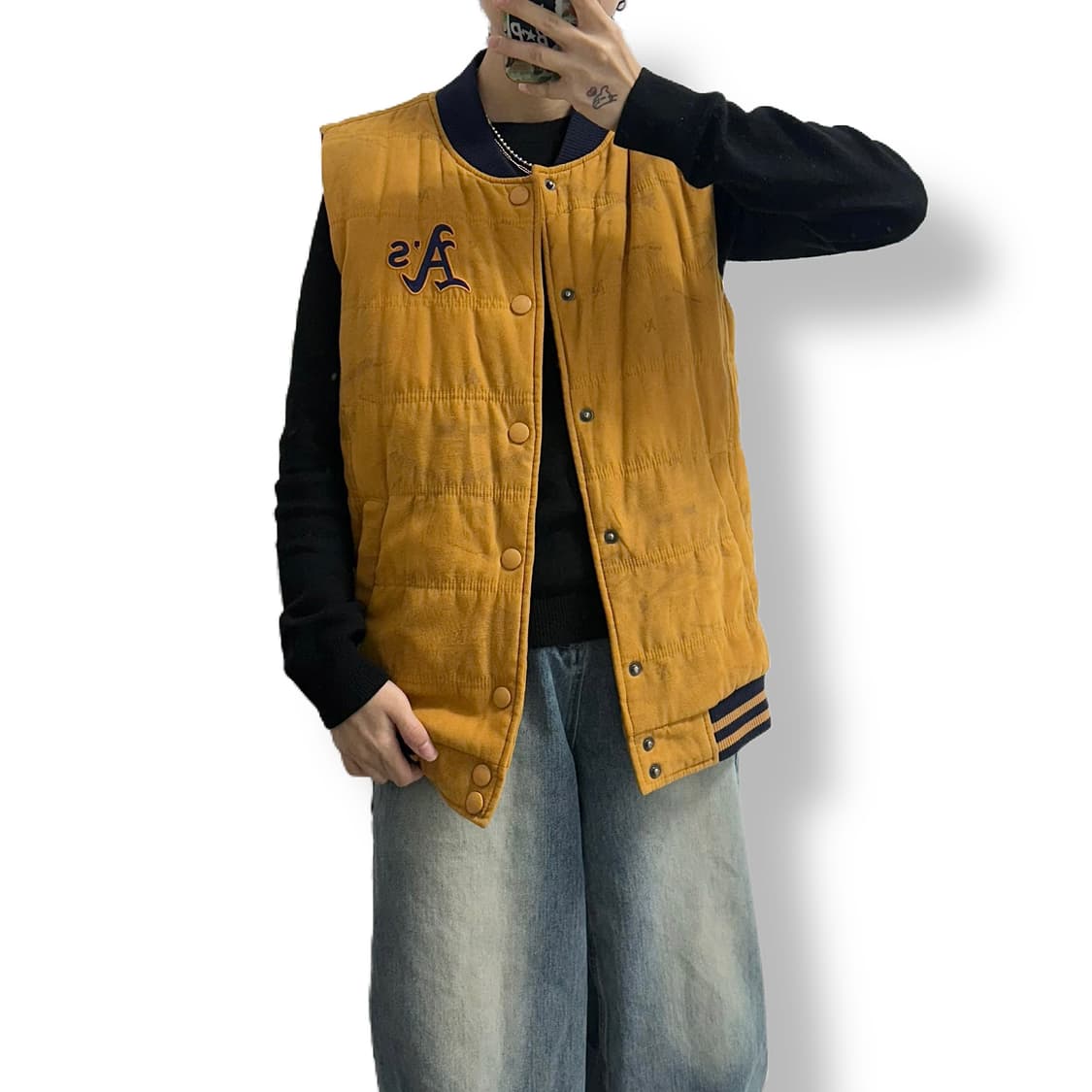 MLB 오클랜드 스웨이드 누빔 조끼 야구 자켓 상품이미지1