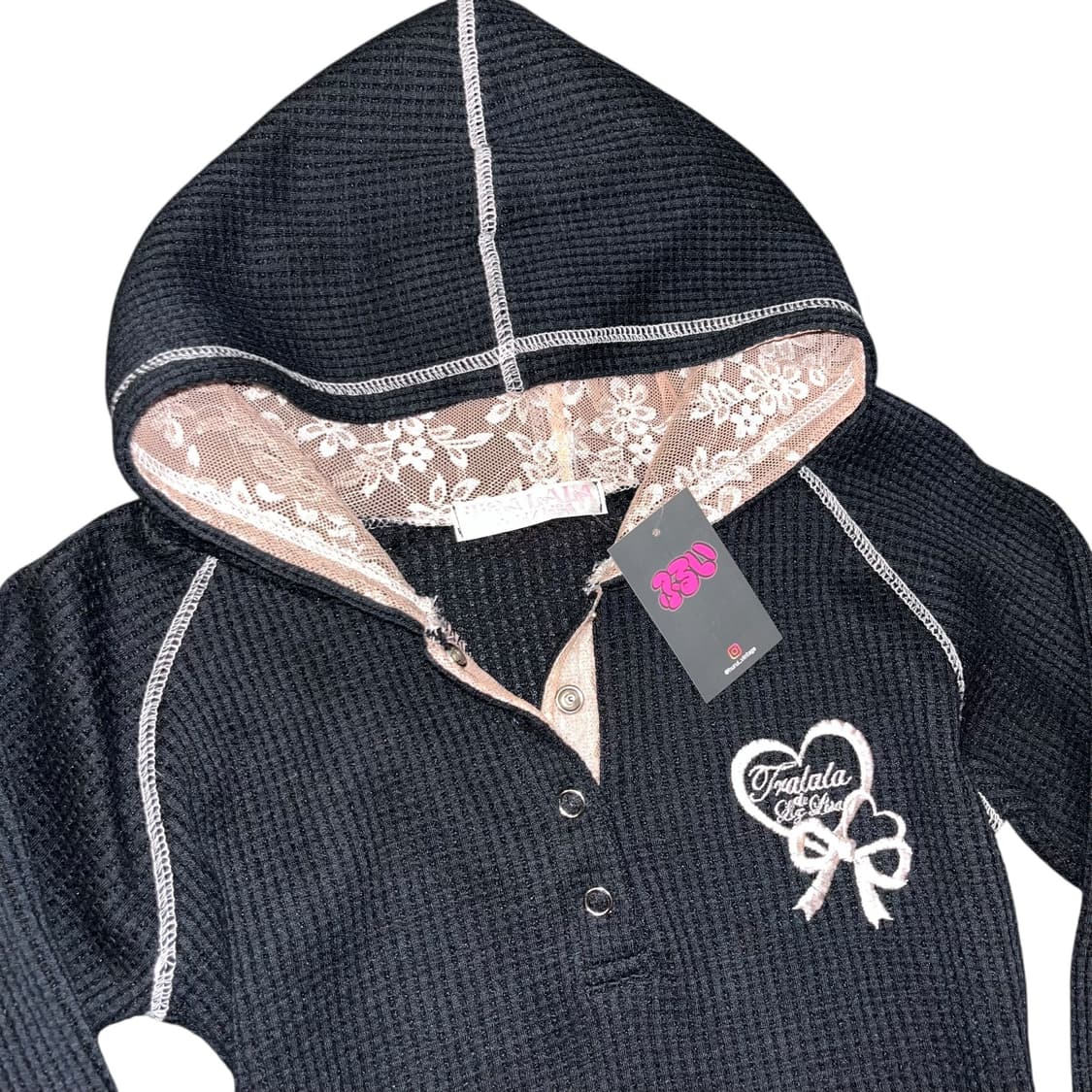 TRALALA 트랄라라 핑크 스티치 레이스후드와플 긴팔티 갸루키치y2k 상품이미지2