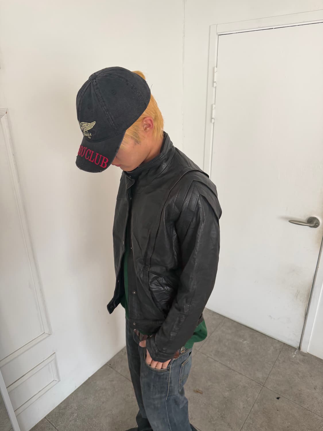 하이넥 버튼 포인트 블루종 레더 자켓 상품이미지3