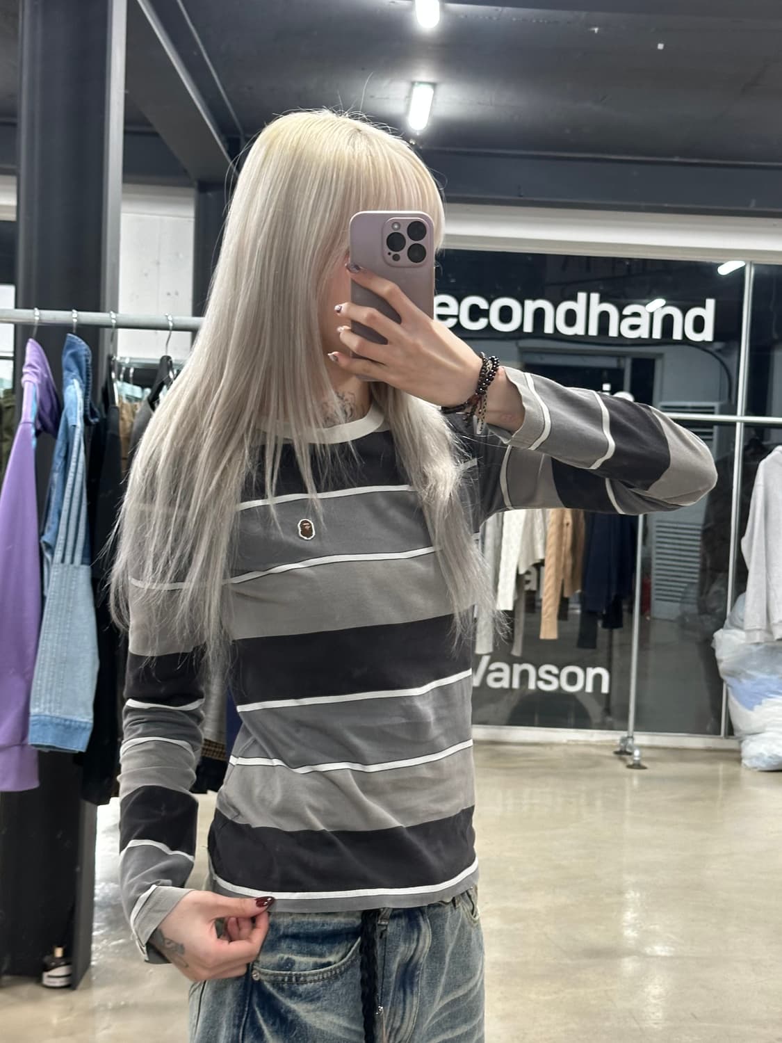 베이프 에이프 헤드 원 포인트 스트라이프 롱슬리브 티셔츠 상품이미지1