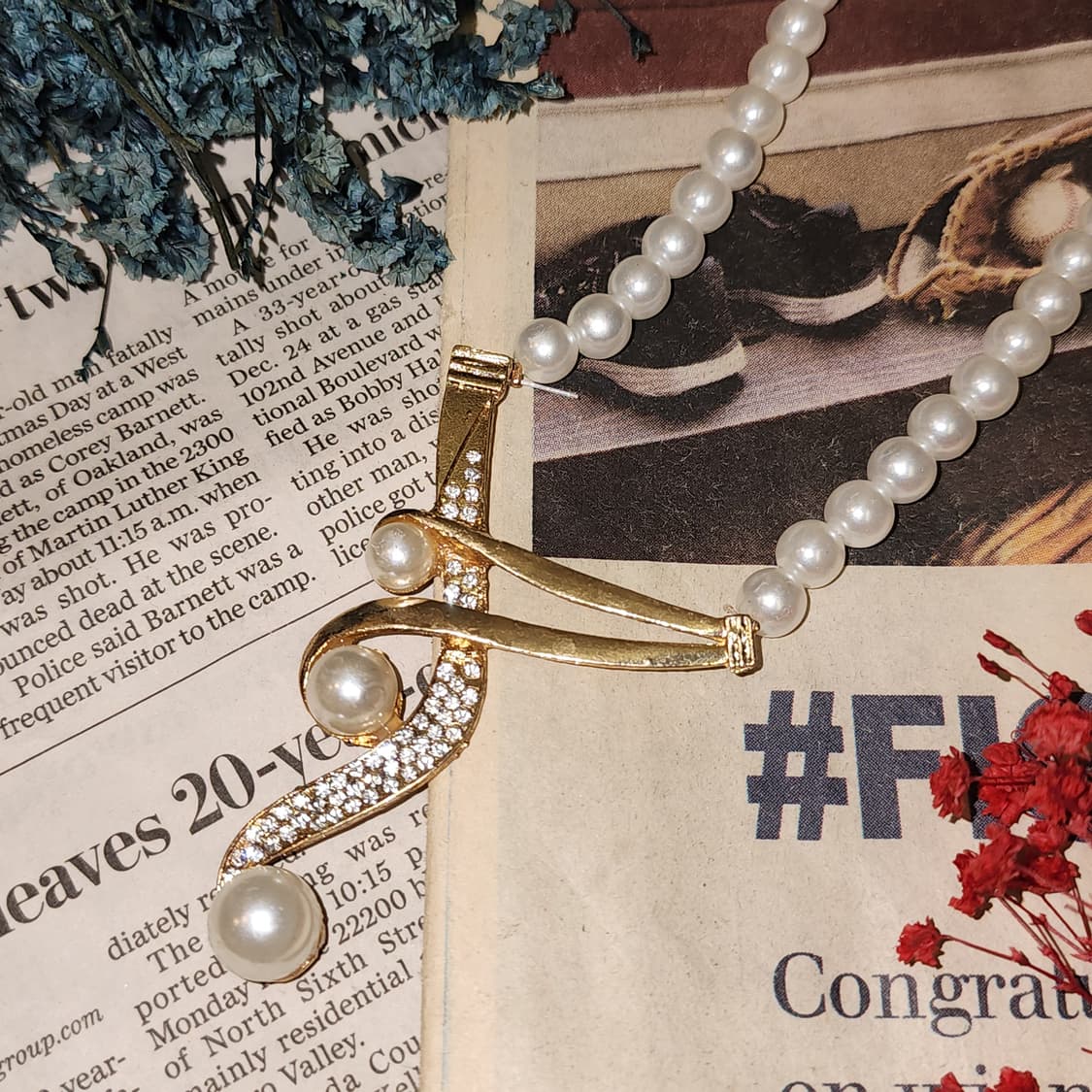 90s 프랑스 빈티지 목걸이 음표 진주 목걸이 진주 팬던트 상품이미지1