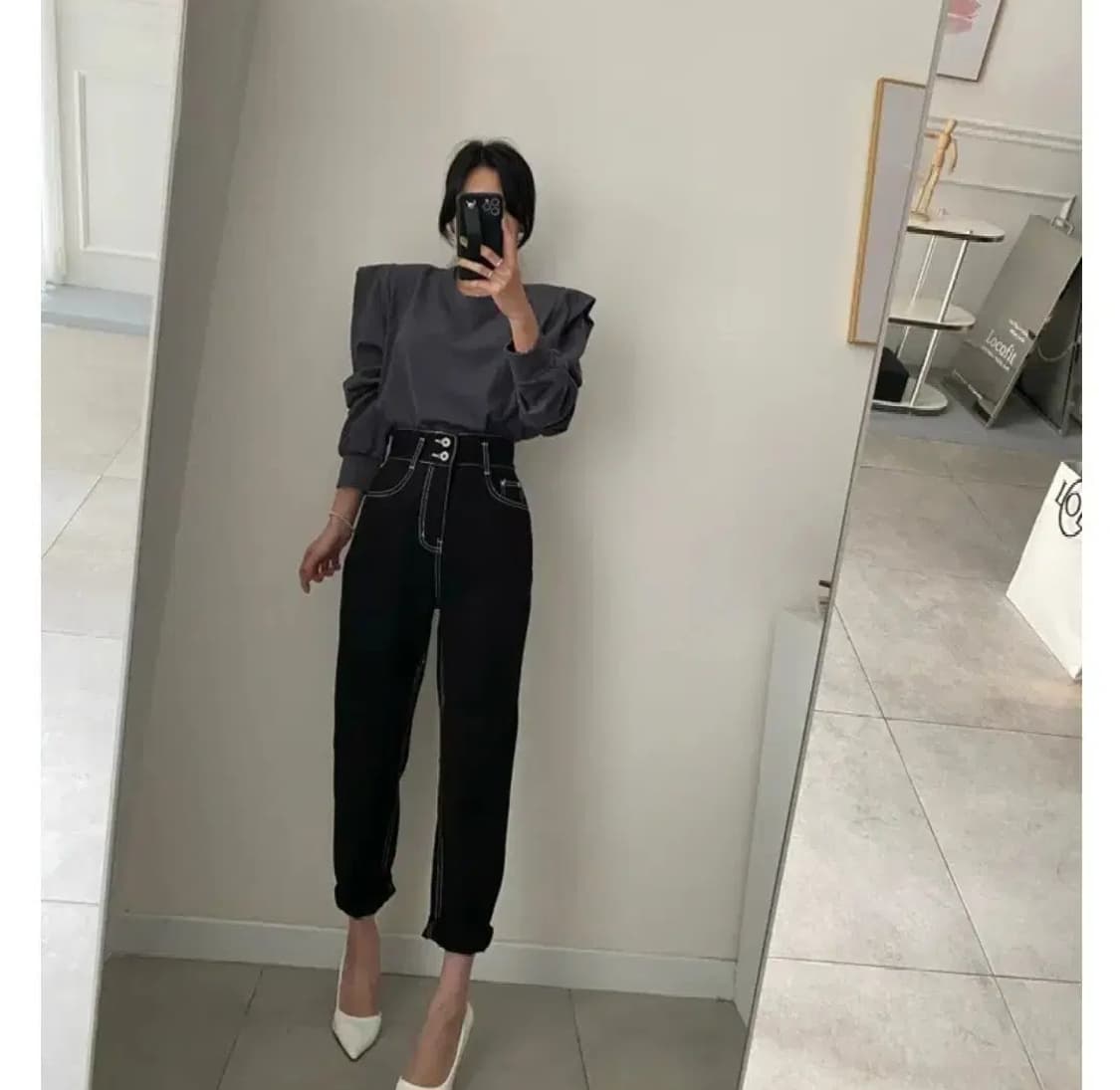 로코핏 스티치코튼배기핏블랙진데님팬츠여성배기바지와이드일자진스판청바지뒷밴딩 상품이미지2