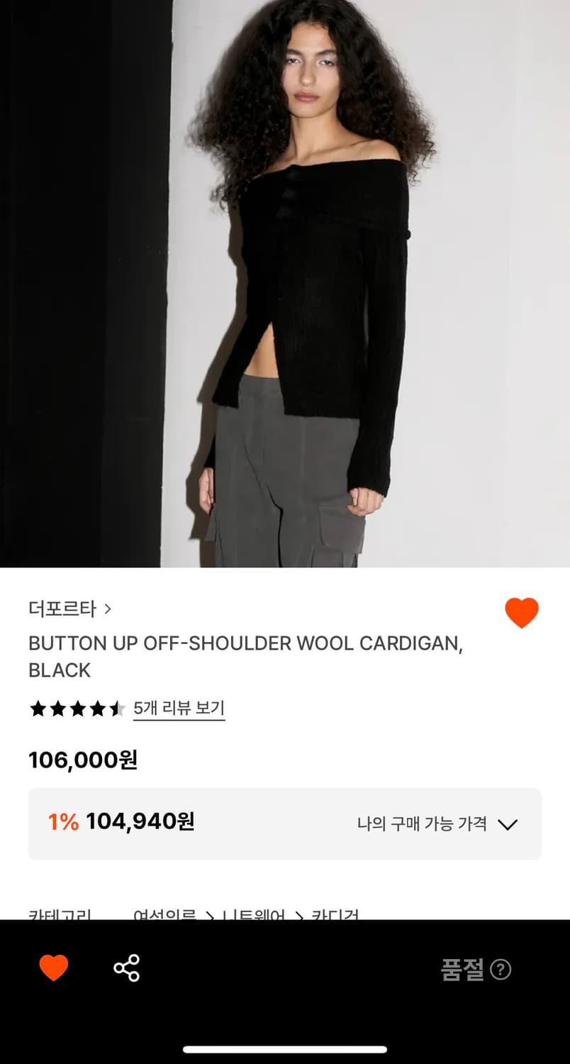 더포르타 버튼업 오프숄더 울 가디건 상품이미지1