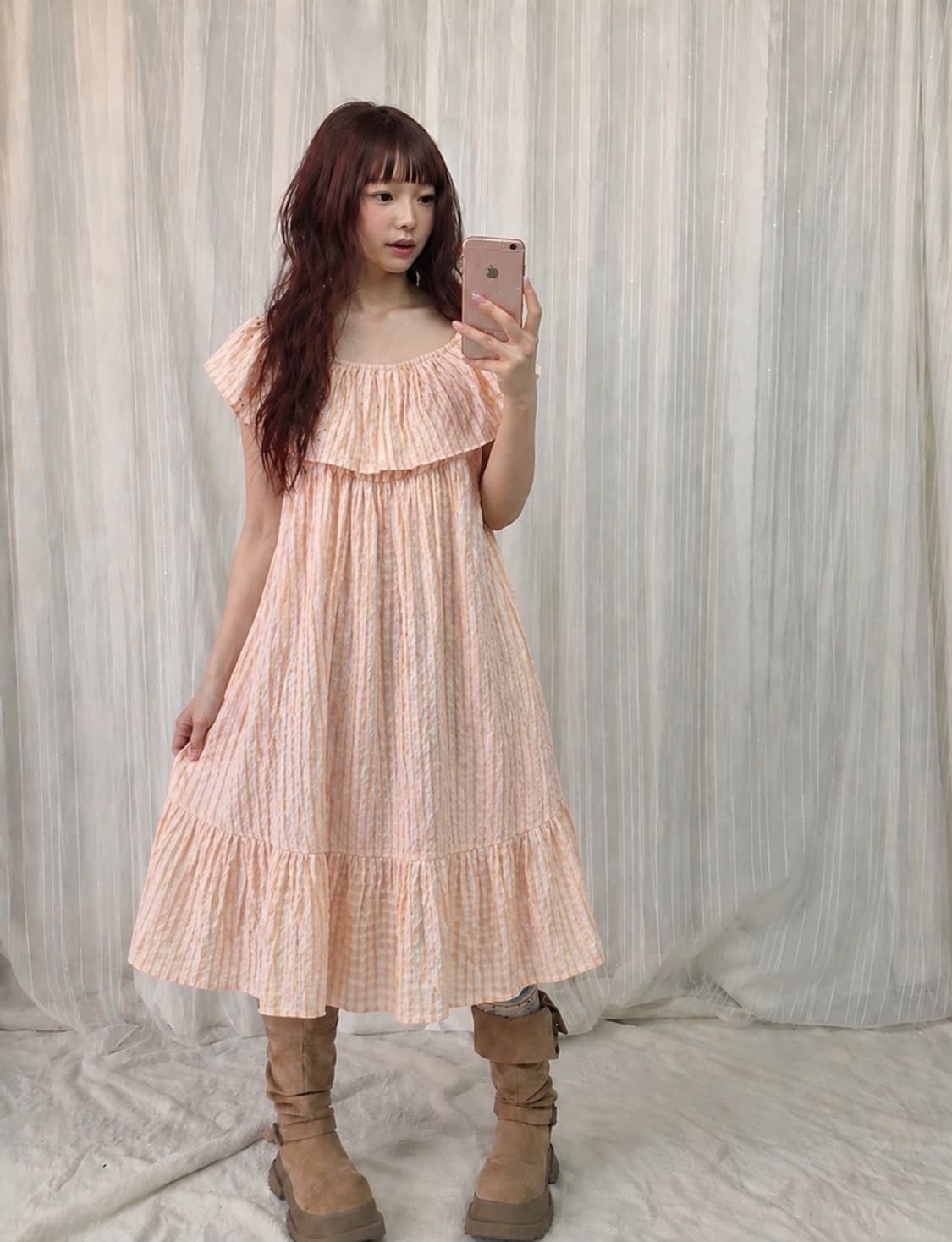 빈티지 오렌지 체크 원피스 상품이미지1