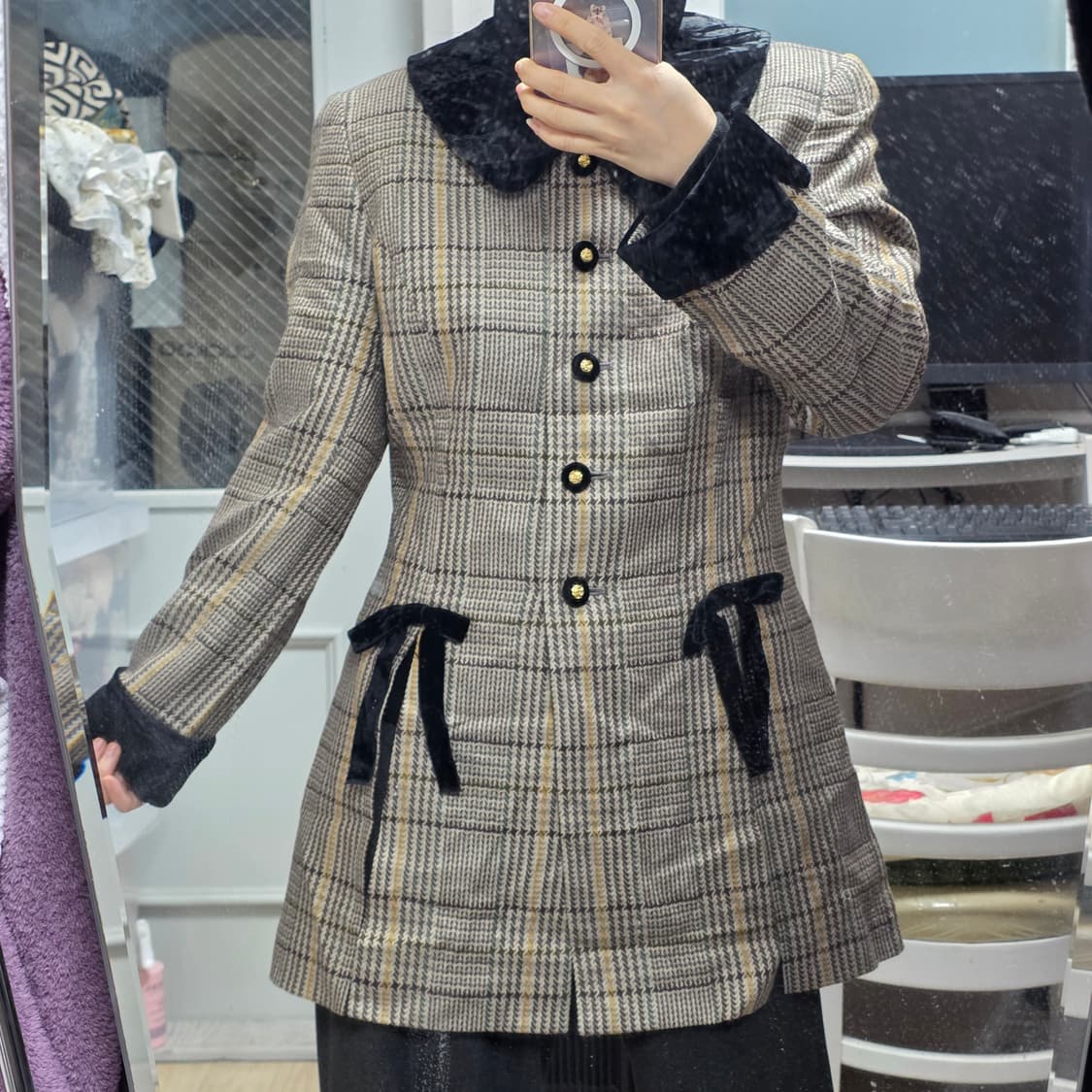 일본빈티지)히메라떼갸루st 체크벨벳 리본 트임 로맨틱 엑팜깔 코트 상품이미지3