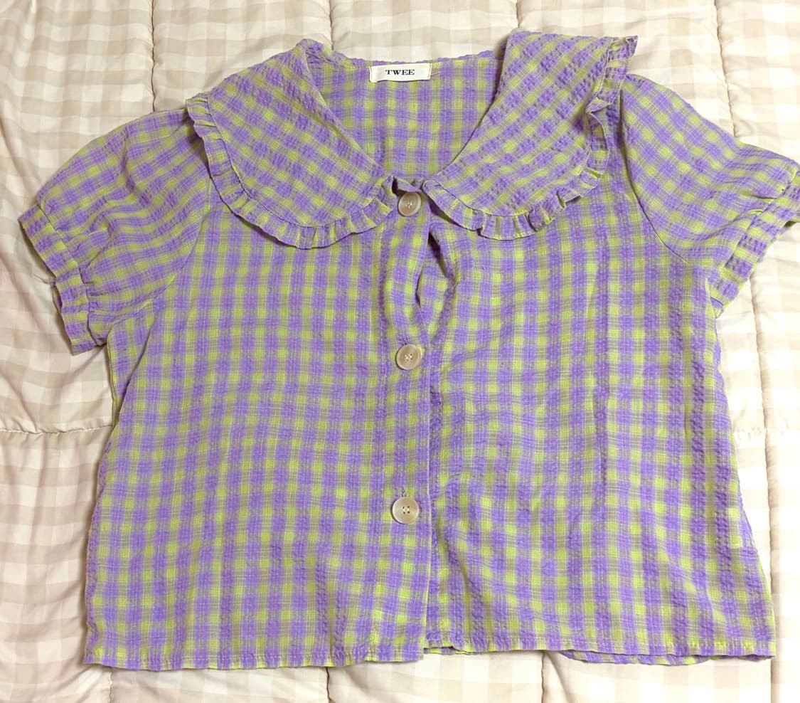 빈티지 연두+연보라 체크 블라우스 상품이미지1