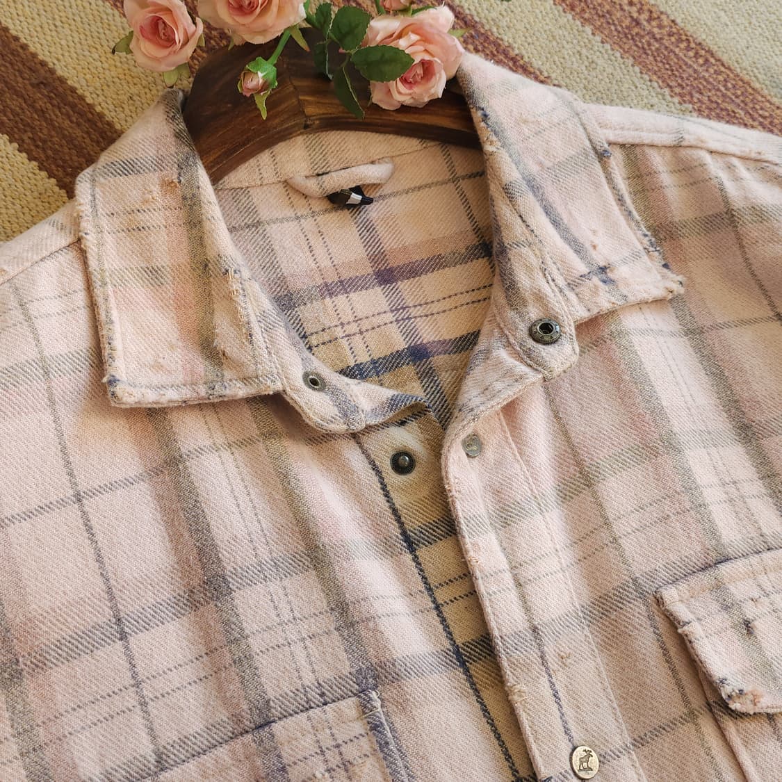 90s 빈티지 체크셔츠 헤비 플란넬 워크셔츠 썬페이딩 핑크 L 상품이미지10