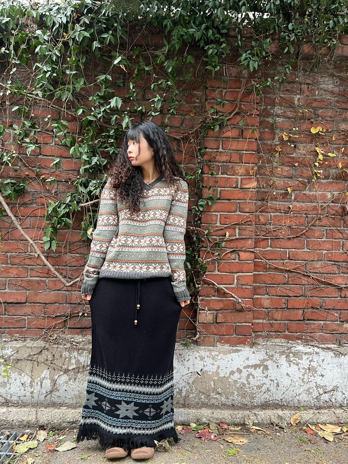 블랙 눈꽃 패턴 니트 롱 스커트 상품이미지1