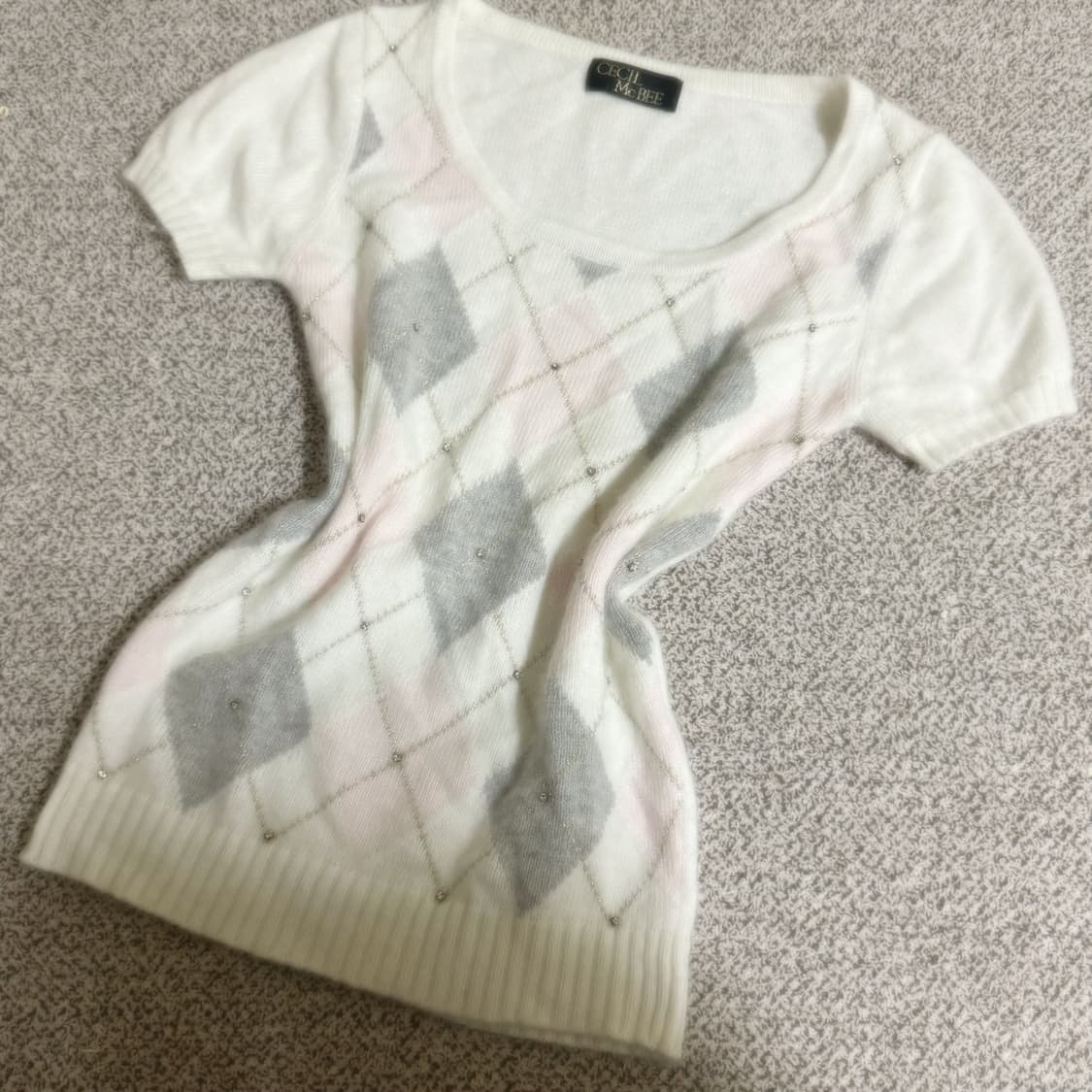 세실맥비 연핑크 아가일 반팔 니트 탑 상품이미지1