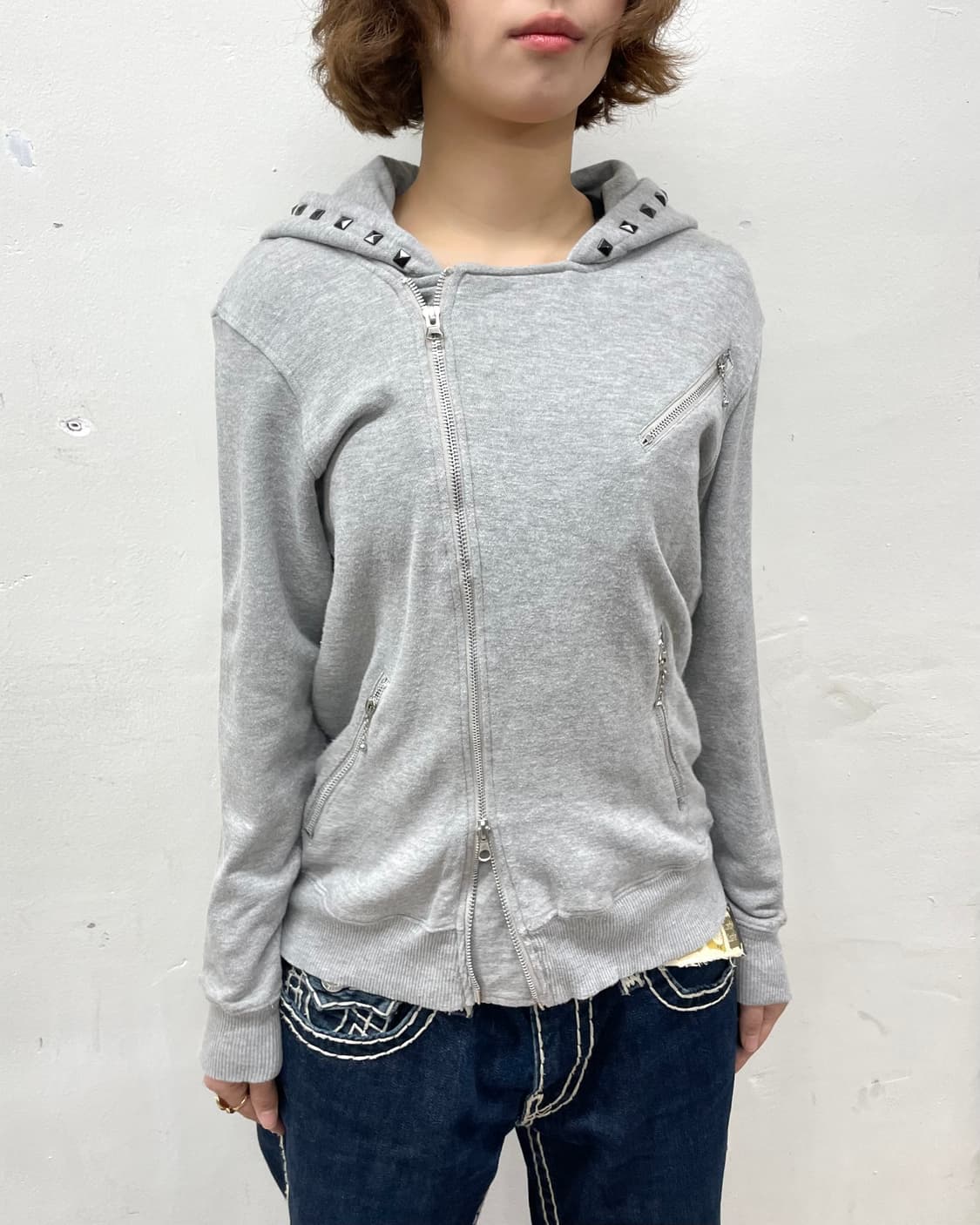 Asymmetric Zipper Stud Gray Hooded Zip 상품이미지4