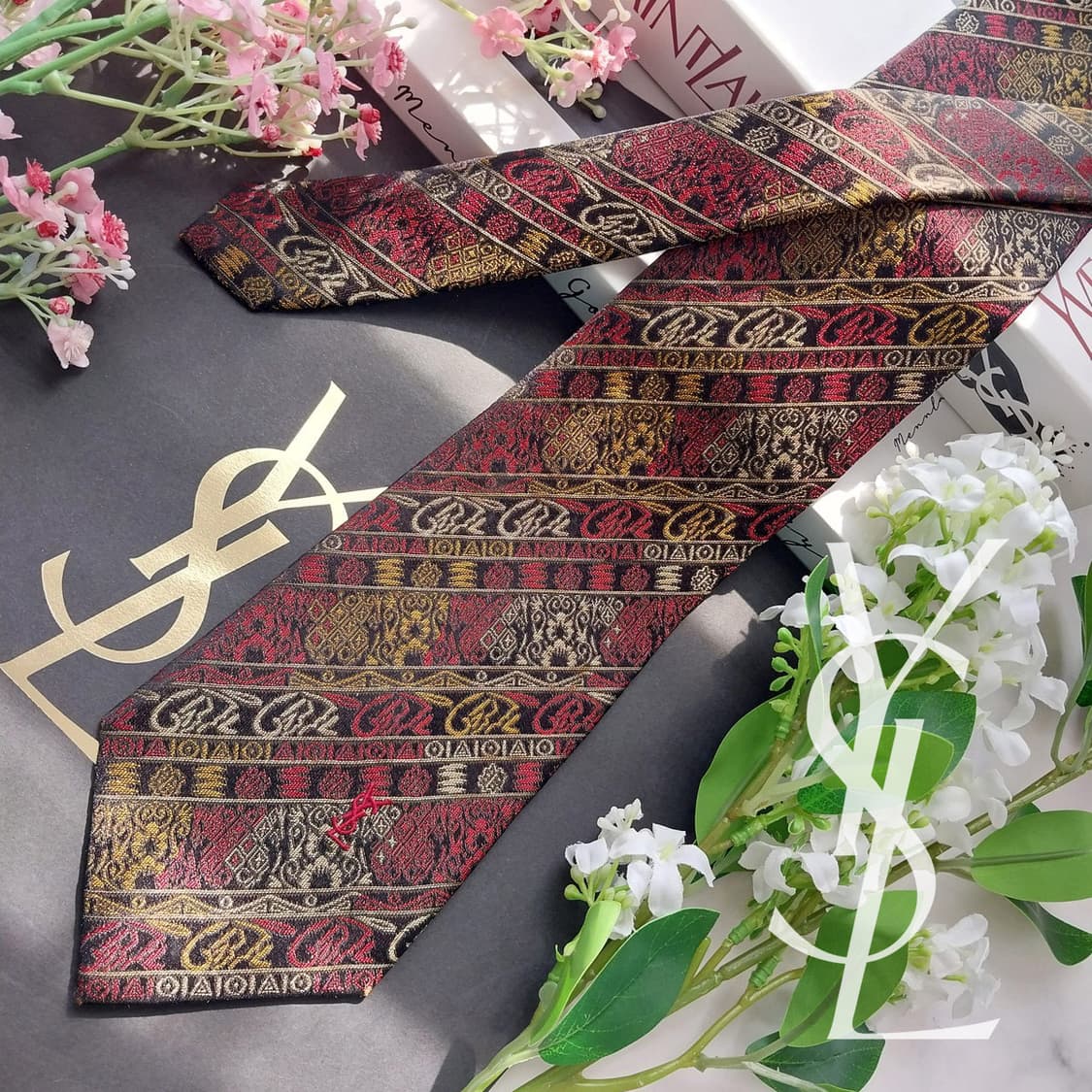 입생로랑 실크 브라운 오리엔탈 패턴 넥타이 9.3cm B등급 K2291 상품이미지1