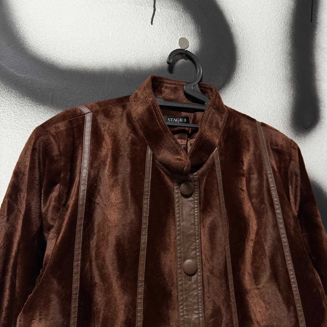 VTG 빈티지 가죽 배색 다크 브라운 벨벳 롱 코트 상품이미지3