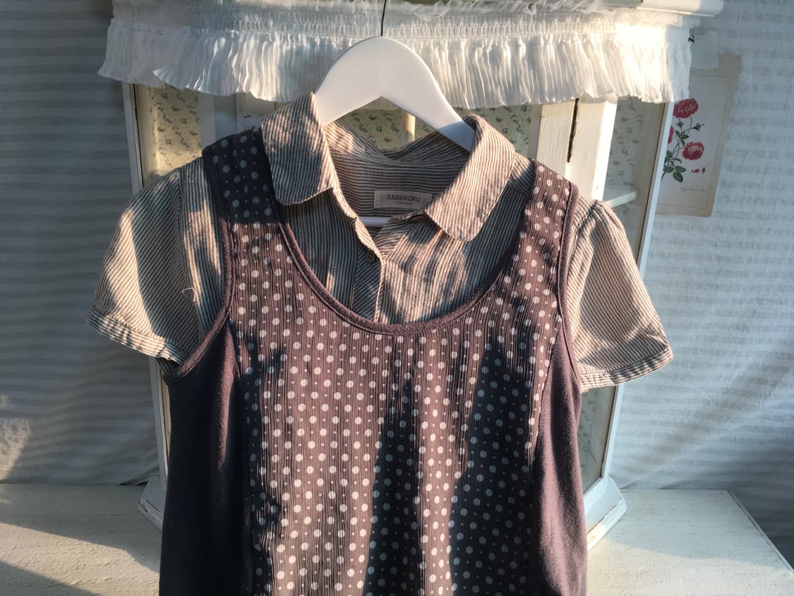 Set) 도트 셔링 레이어드 원피스 + 모리 스트라이프 셔츠 상품이미지7