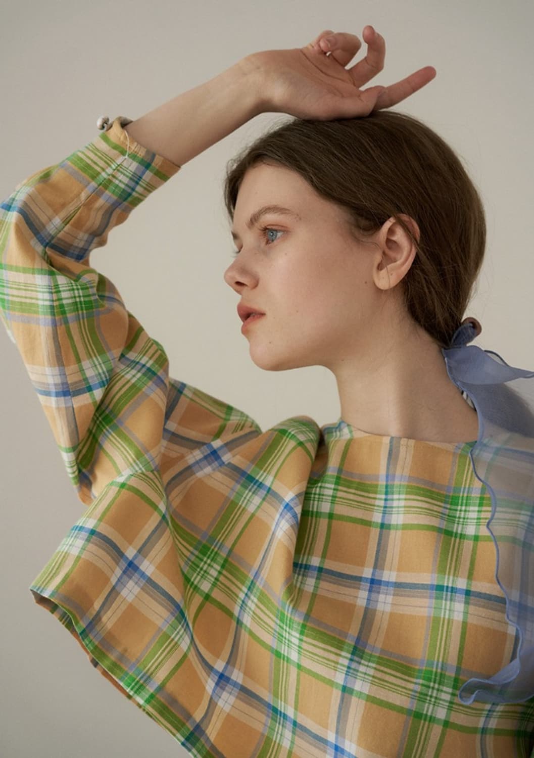 오버듀플레어 옐로우체크 투피스 블라우스스커트 상품이미지3