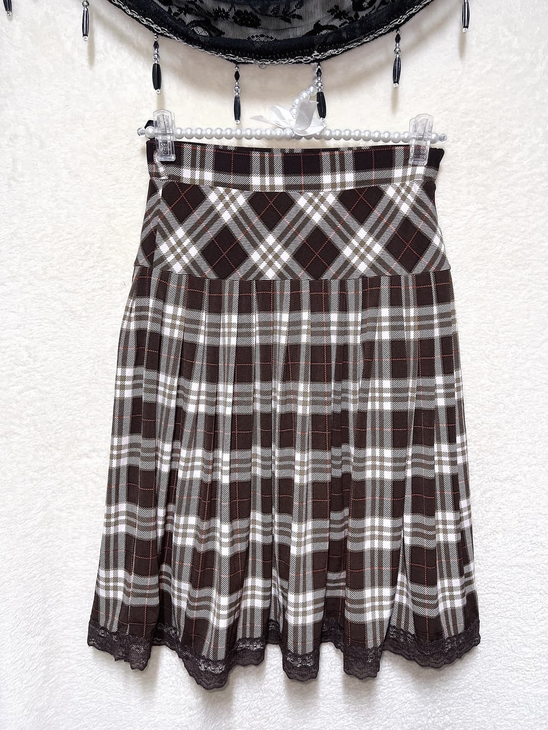 라떼갸루 엑팜깔 브라운 레이스 체크 플리츠스커트 치마 로맨틱 핀터 모리 상품이미지7