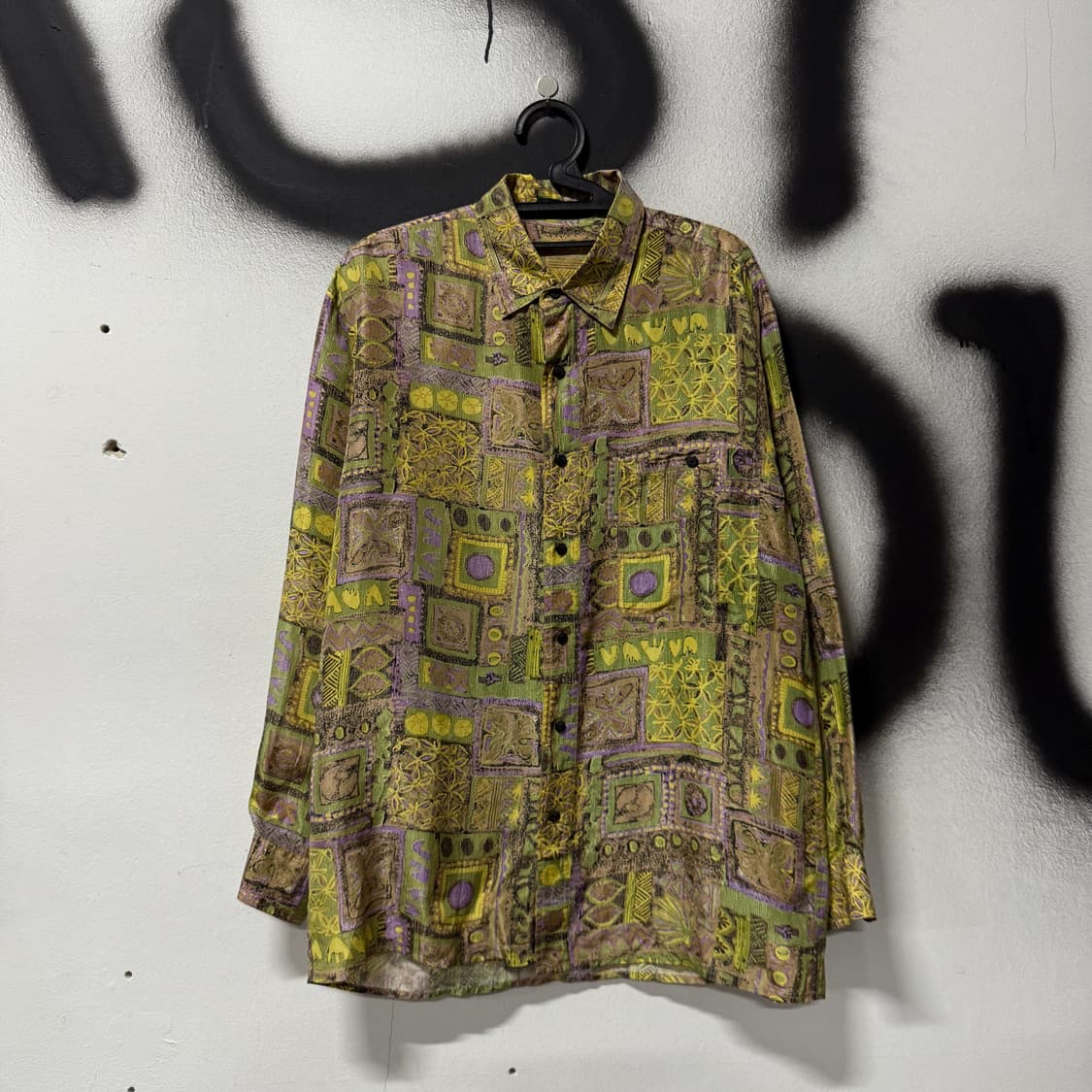 VTG 빈티지 100% 실크 바로크 에스닉 풀 패턴 긴팔 셔츠 상품이미지1