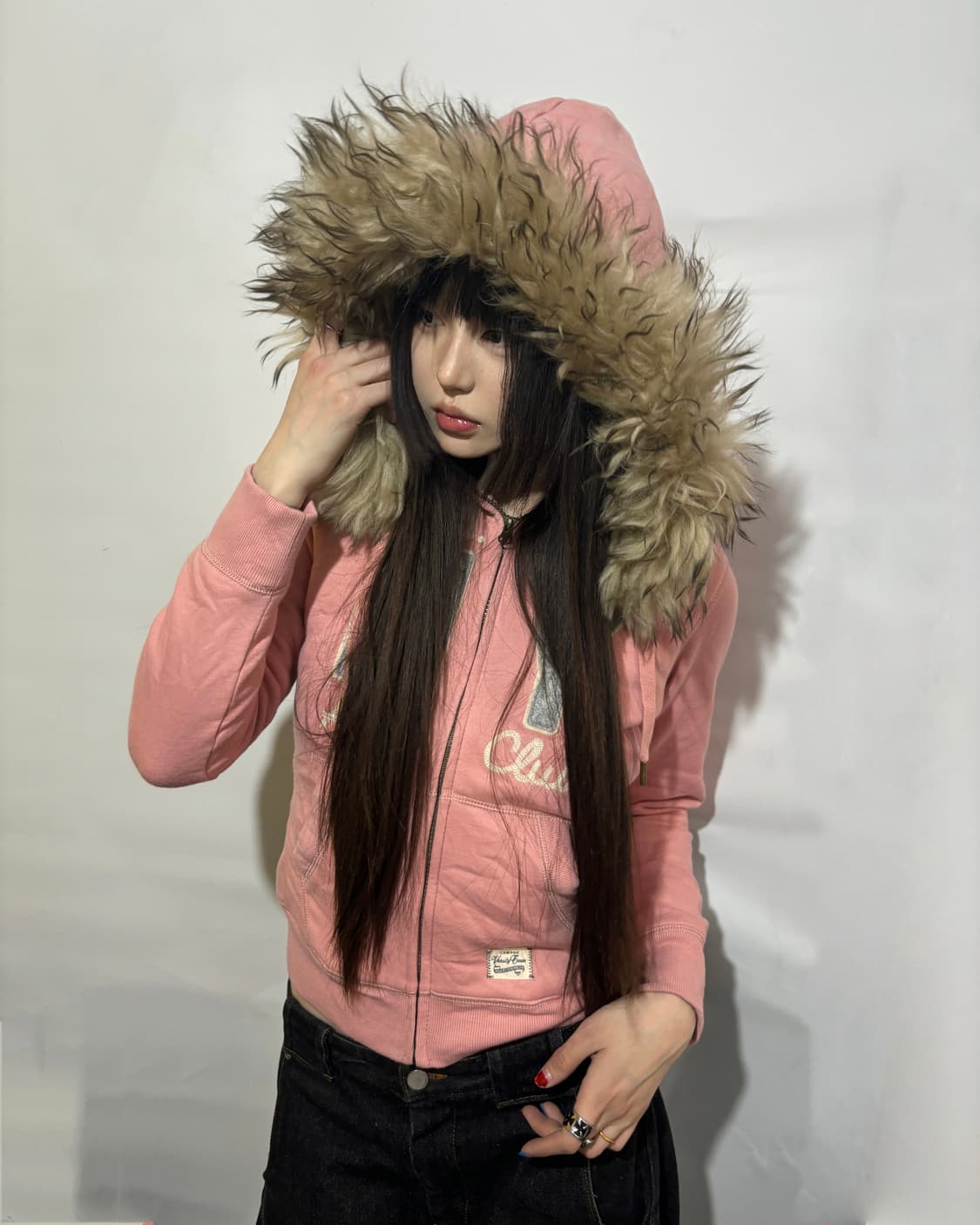 90s SPAO 핑크 퍼 후드 집업 상품이미지2