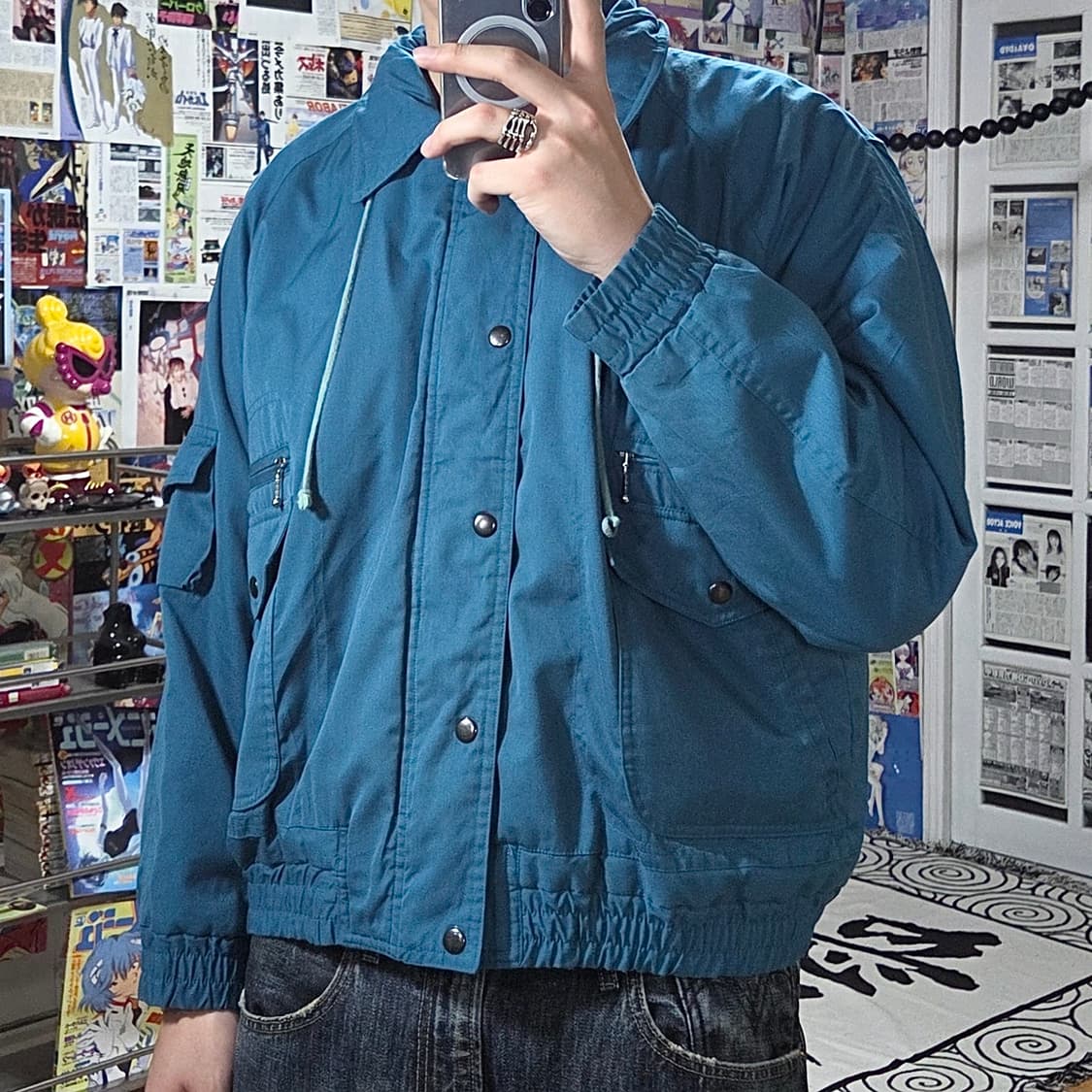 JPN 피콕 블루 누빔 오버핏 코튼 봄버 점퍼 상품이미지1