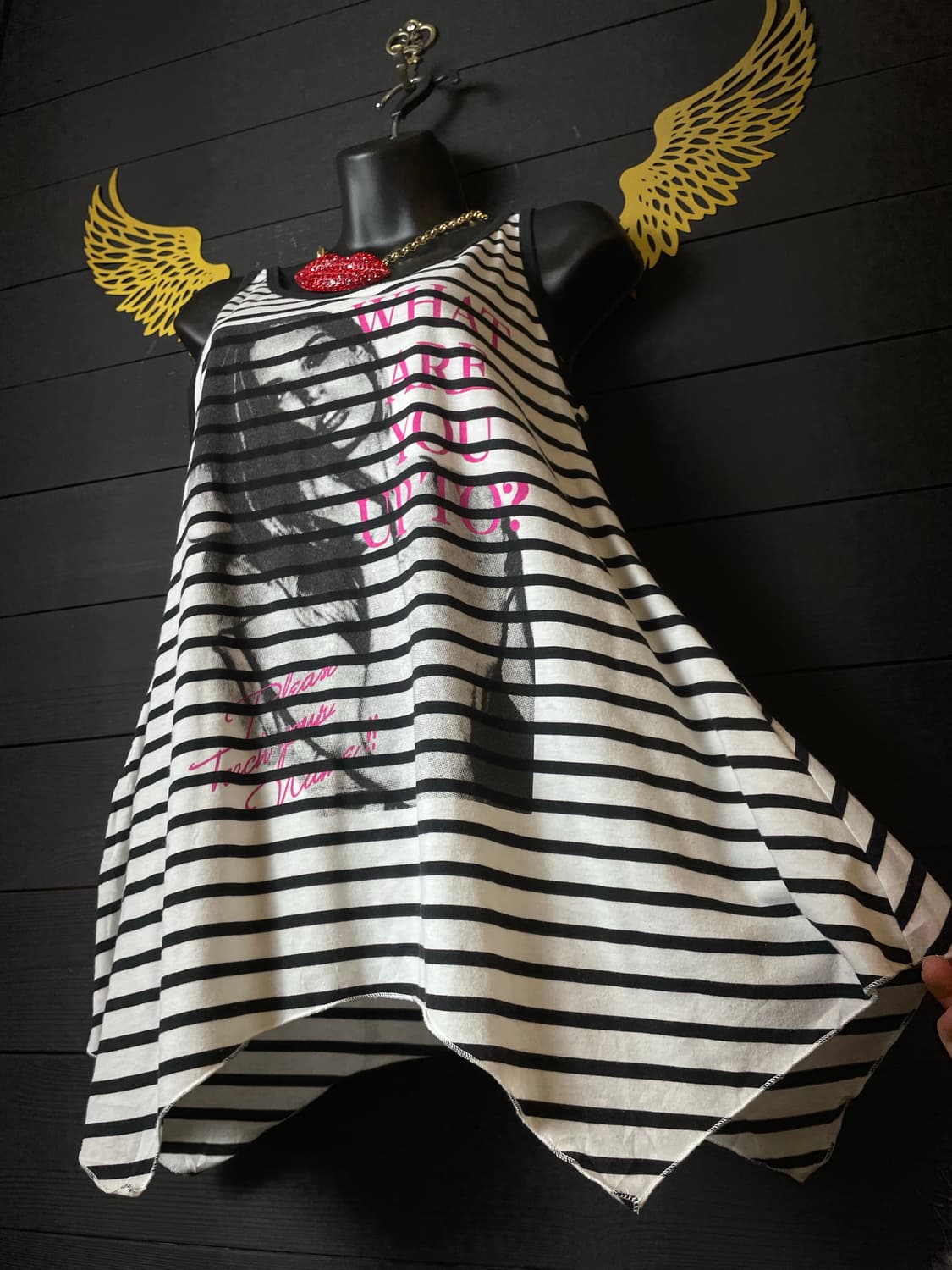 JPN 갸루 스트라이프 줄무늬 플레어 슬리브리스 나시 탑 상품이미지5