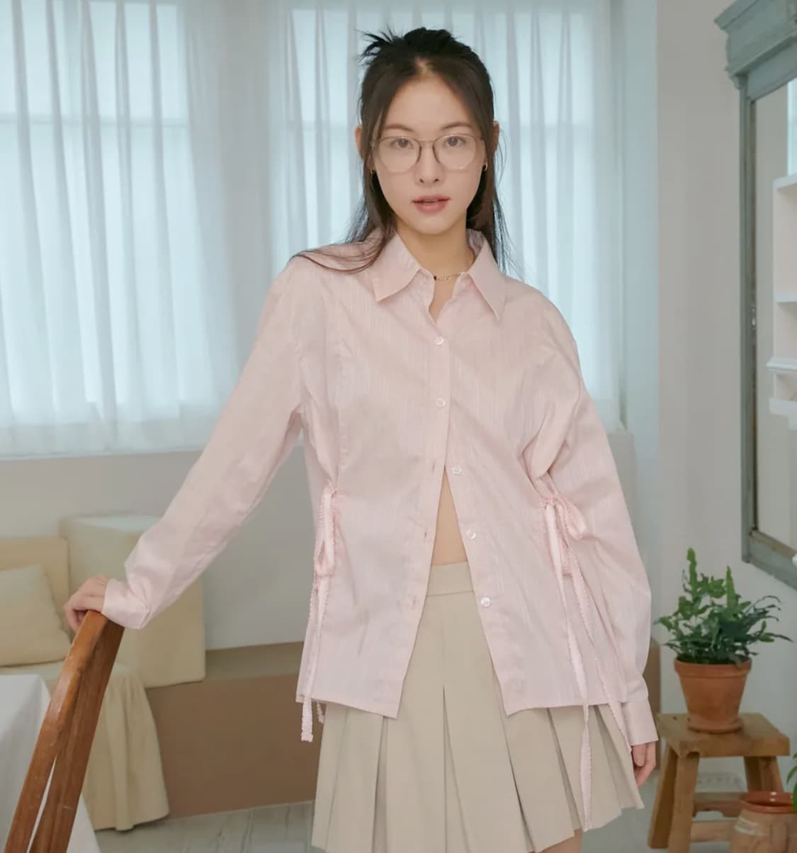 마가린핑거스 핑크 사이드 리본 셔츠 히메갸루 발레코어 상품이미지1