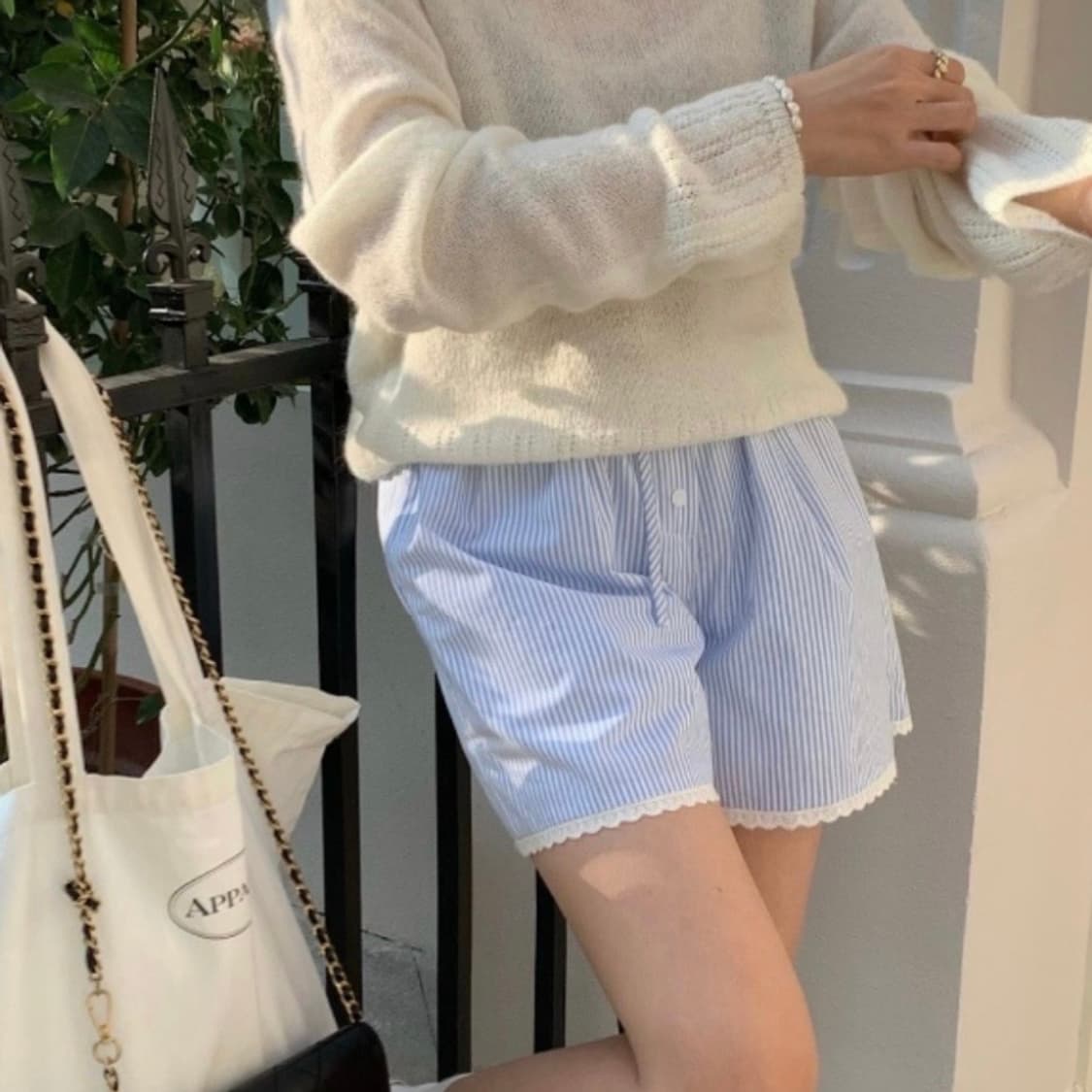 블루 스트라이프 레이스 밴딩 반바지 숏팬츠 상품이미지5