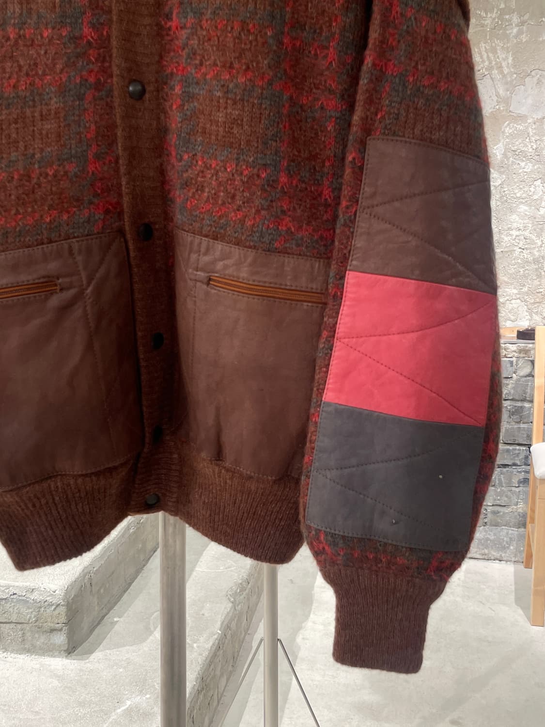 빈티지 레드 클레이 레더 패치 체크 울 자켓 상품이미지5