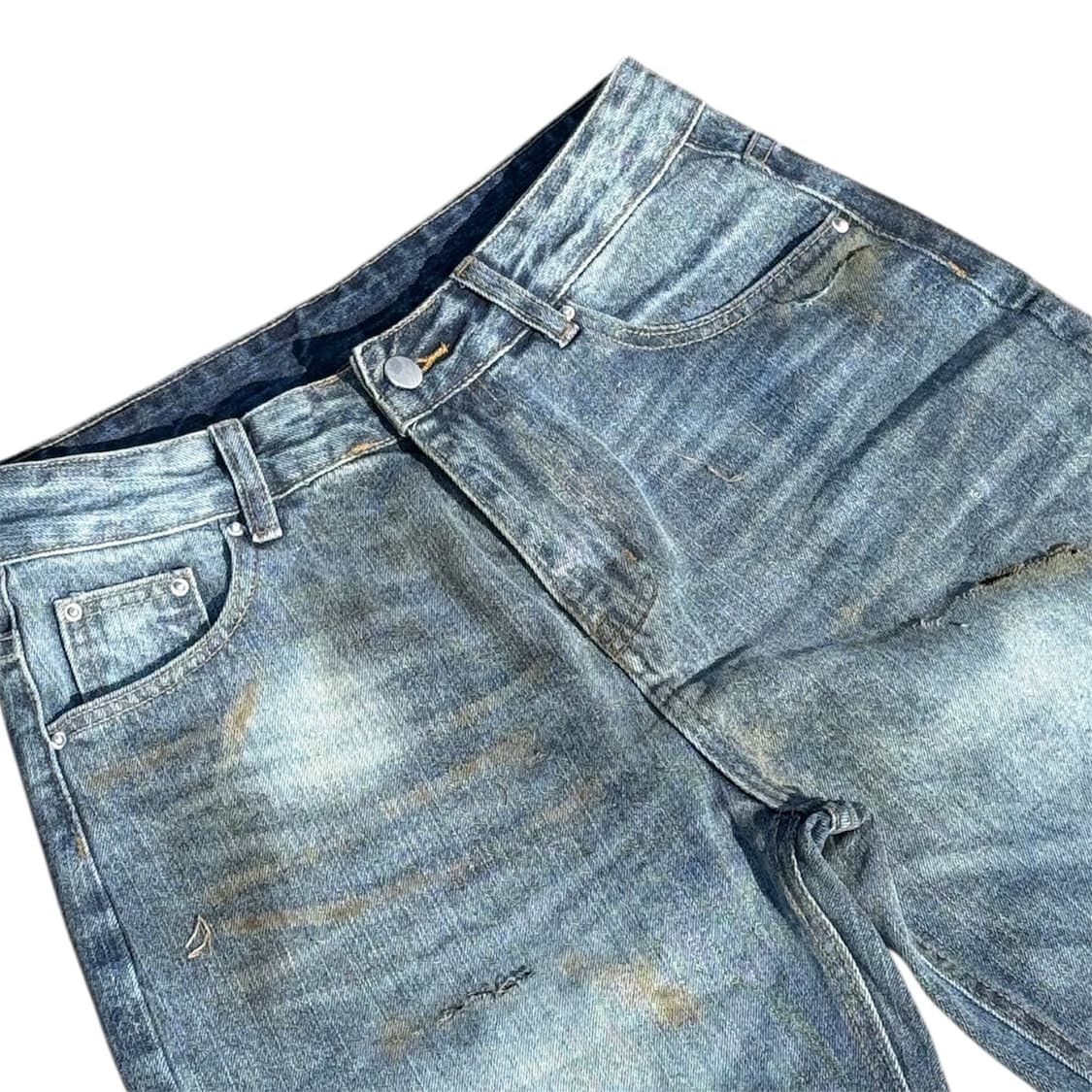 핸드메이드 빈티지 크림워싱 그릴드데미지 자수 데님팬츠  상품이미지5