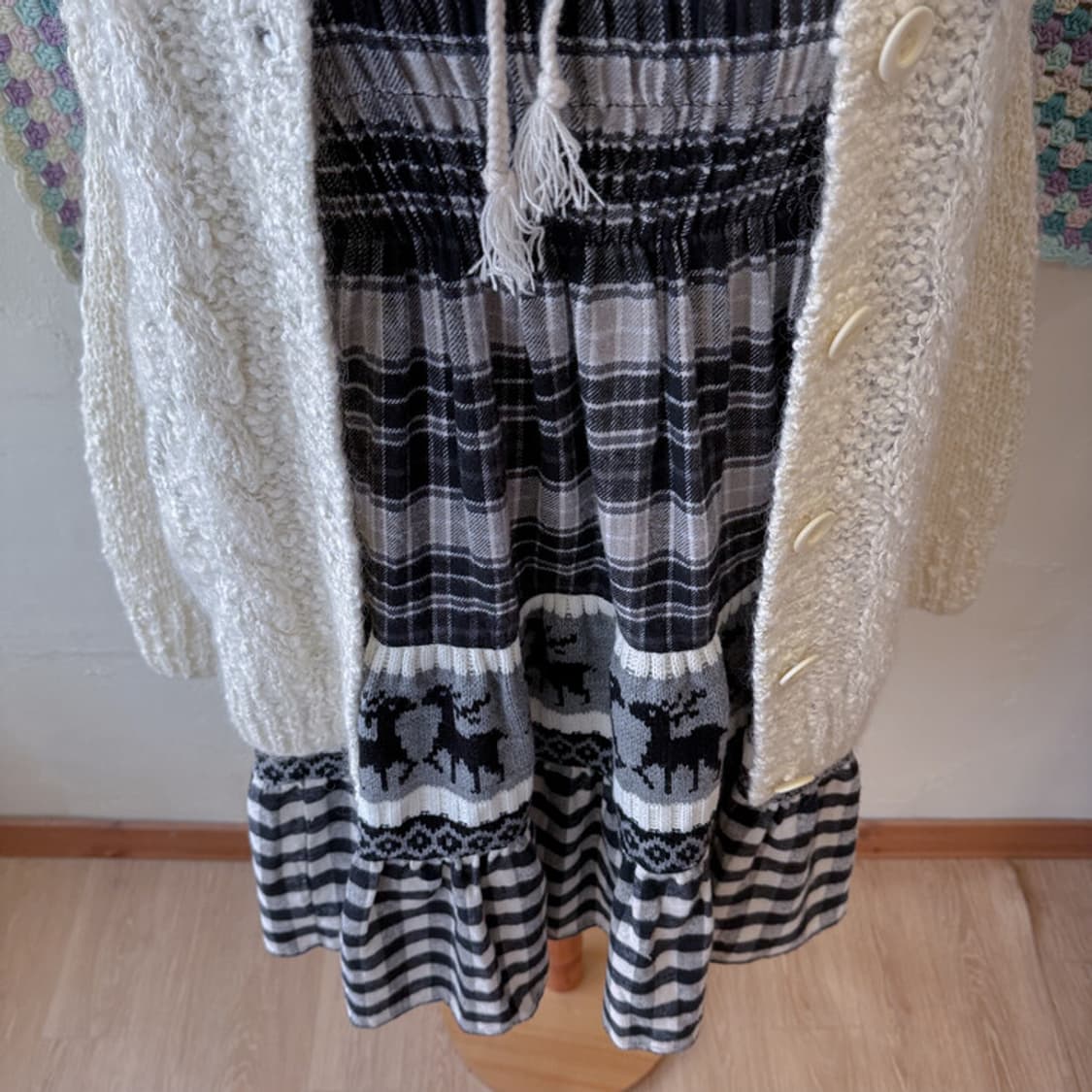 빈티지 니트 패치 체크 스커트 원피스 상품이미지4