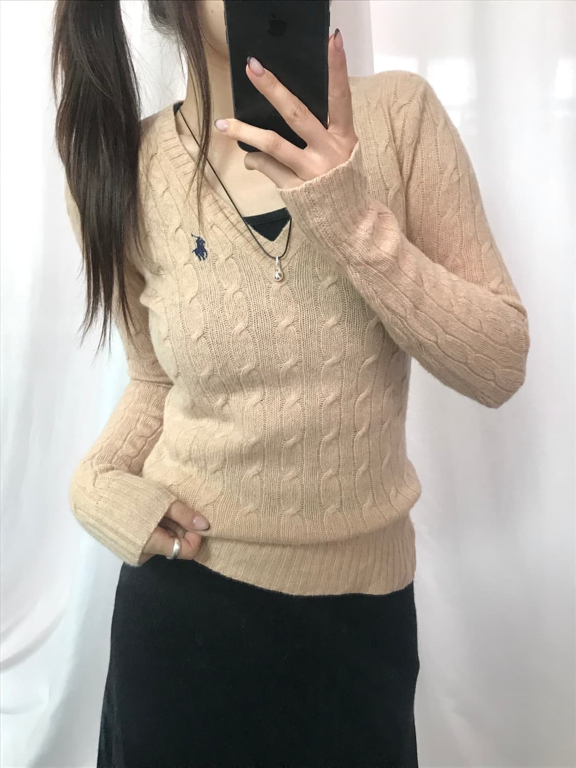Polo 랄프로렌 램스울 요구르트컬러 케이블 브이넥니트 상품이미지5