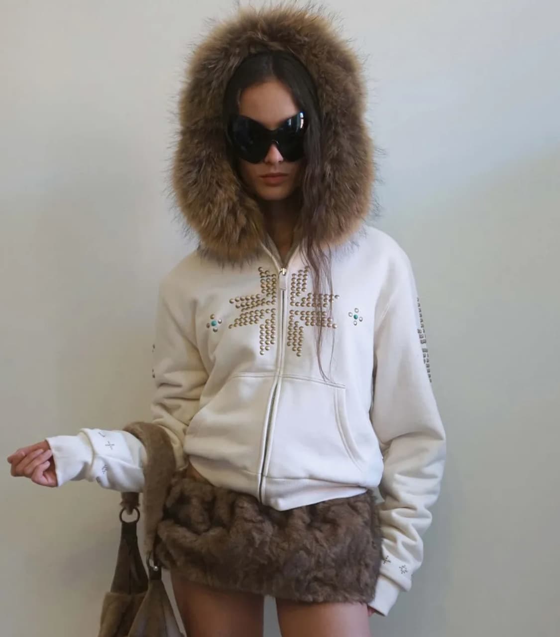 Fur Trimming Hooded Zip-Up Dirty White  상품이미지1