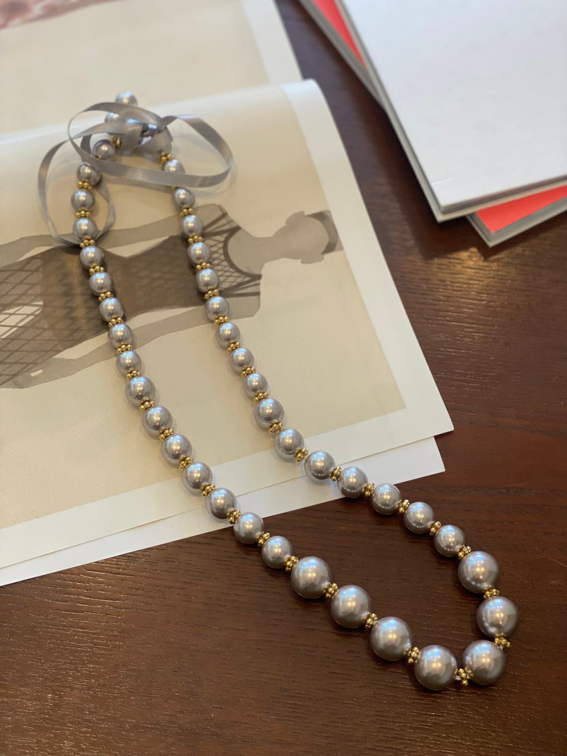 빈티지 그레이 진주구슬 리본 목걸이 상품이미지8