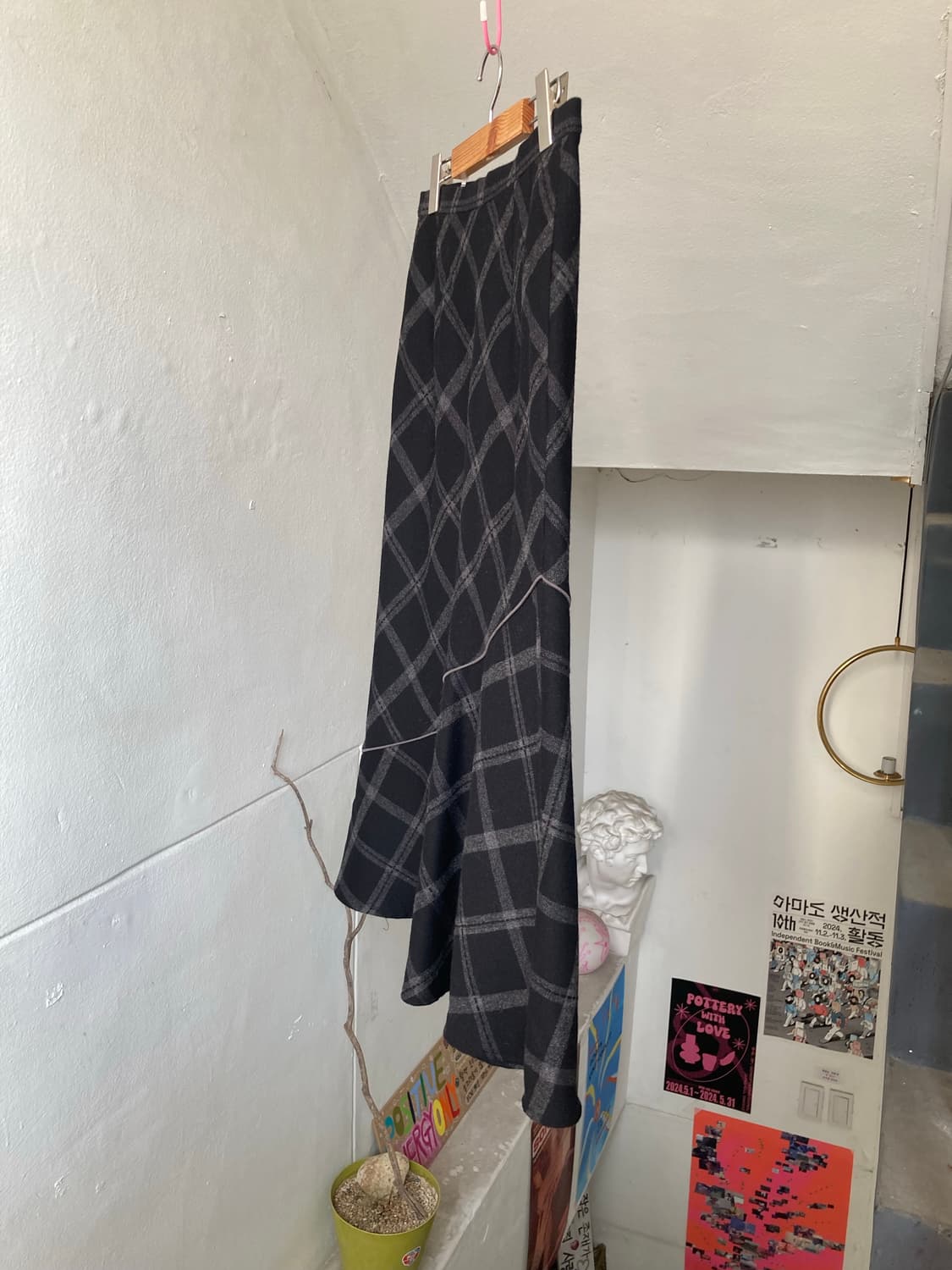 울 체크 플레어 언발란스 롱스커트 상품이미지4